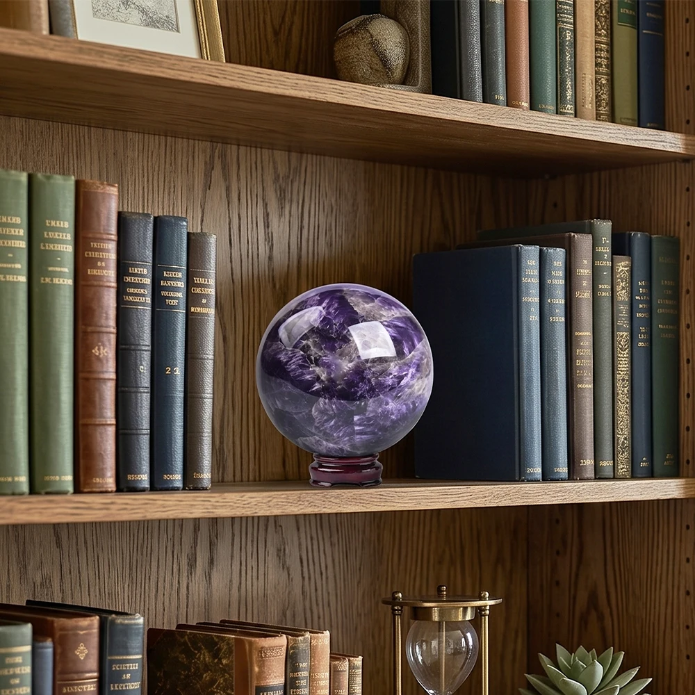 6-7cm Natural Amethyst Crystal Sphere Ball with Wooden Stand Polished Reiki Healing Chakra Stone for Meditation Yoga Feng Shui Home Office Desk Decor Living Room Bookshelf Display Birthday Gift for Women Men Crystal Lover Collection