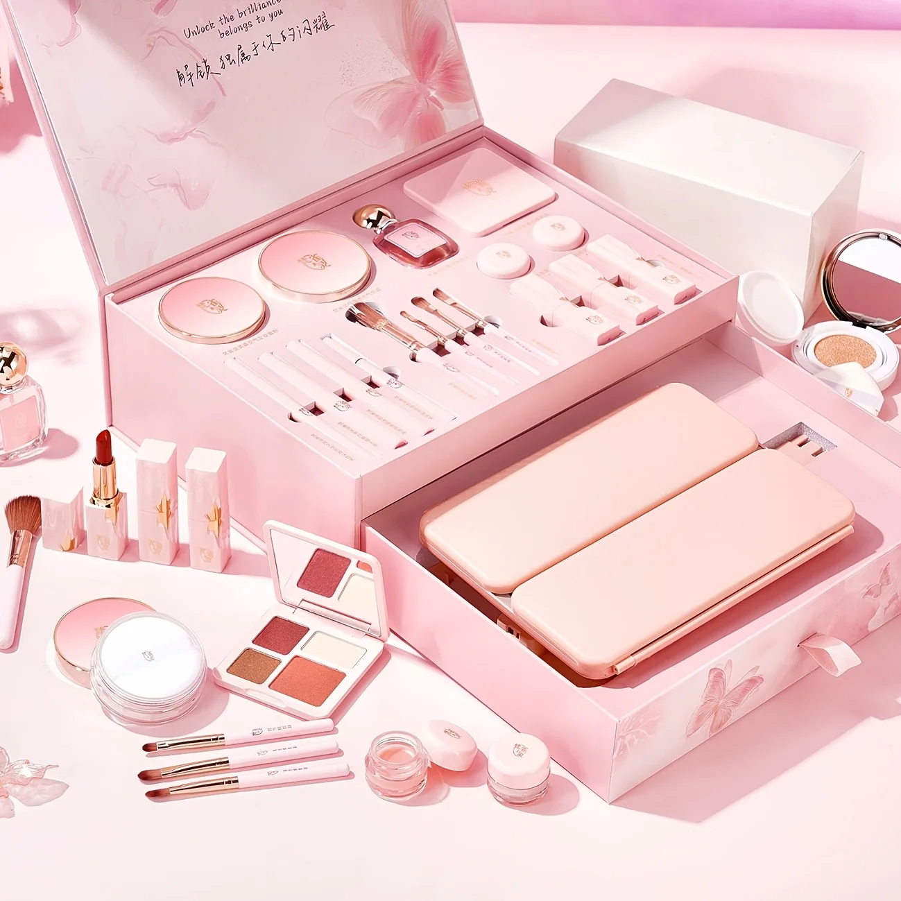 18Pcs Colored Glaze Butterfly Makeup Gift Set with Premium Lighted Makeup Mirror, Full Kit Includes Eyeshadow Blush Lip Palette, Complete Starter Makeup Kit, Valentine & Birthday Gift for Girlfriend & Wife