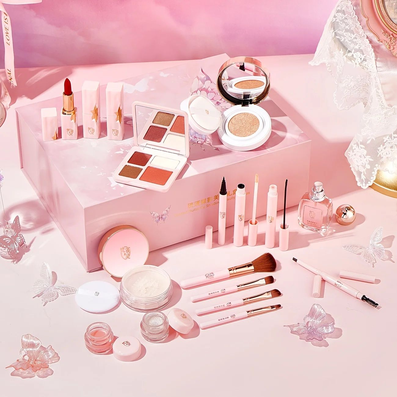 18Pcs Colored Glaze Butterfly Makeup Gift Set with Premium Lighted Makeup Mirror, Full Kit Includes Eyeshadow Blush Lip Palette, Complete Starter Makeup Kit, Valentine & Birthday Gift for Girlfriend & Wife
