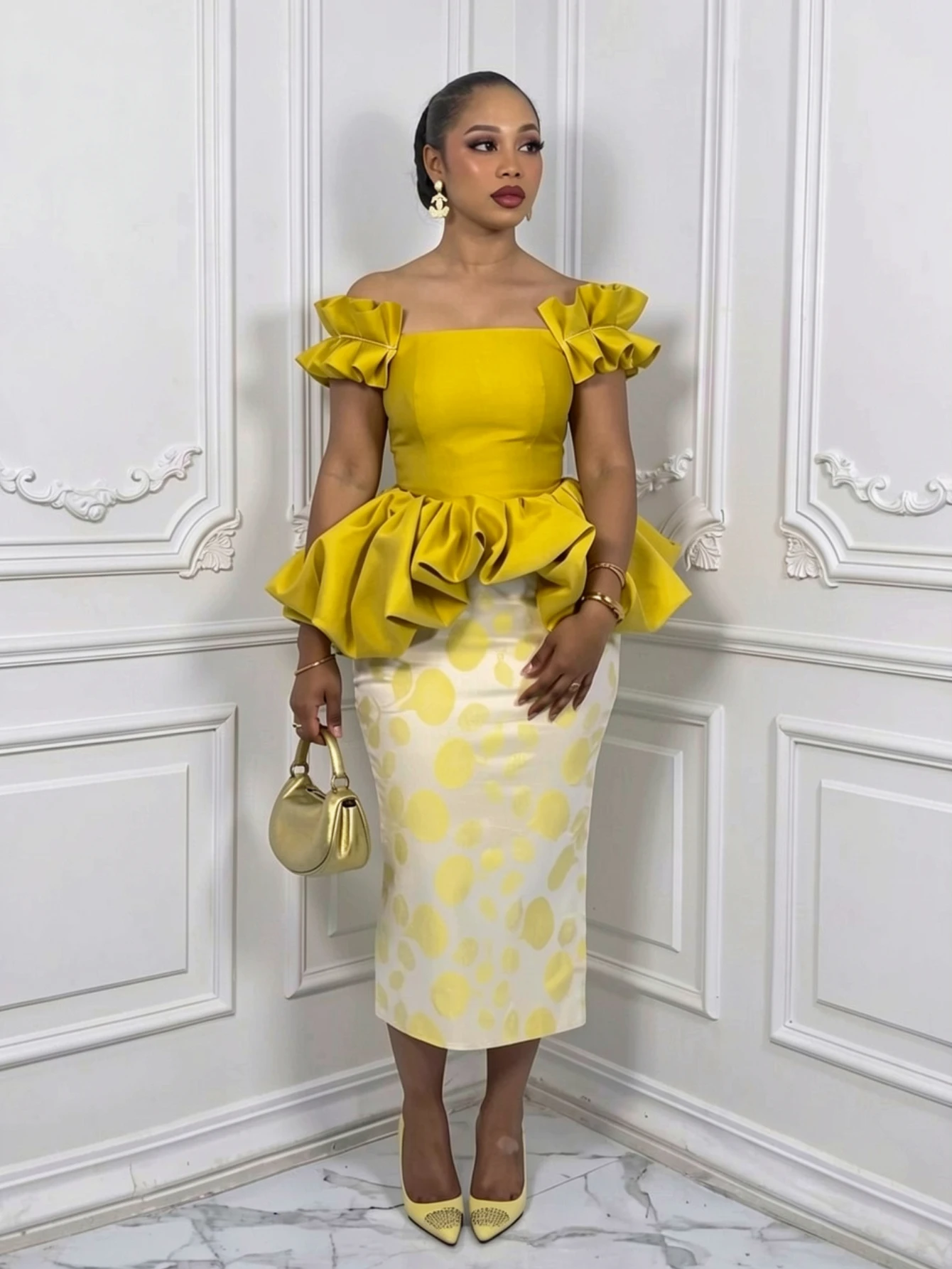 Women Off Shoulder Ruffle Sleeve Polka Dot Midi Dress Peplum Waist Bodycon Pencil Dress For Formal Evening Party Occasion
