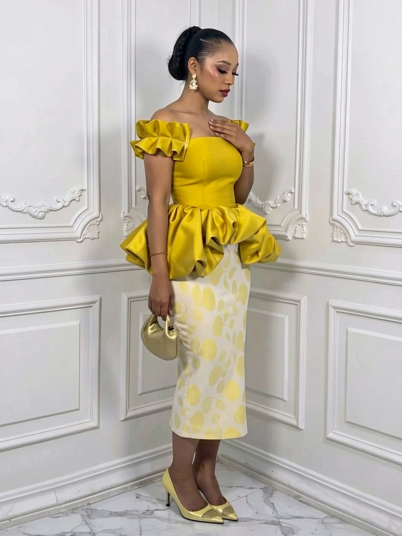 Women Off Shoulder Ruffle Sleeve Polka Dot Midi Dress Peplum Waist Bodycon Pencil Dress For Formal Evening Party Occasion