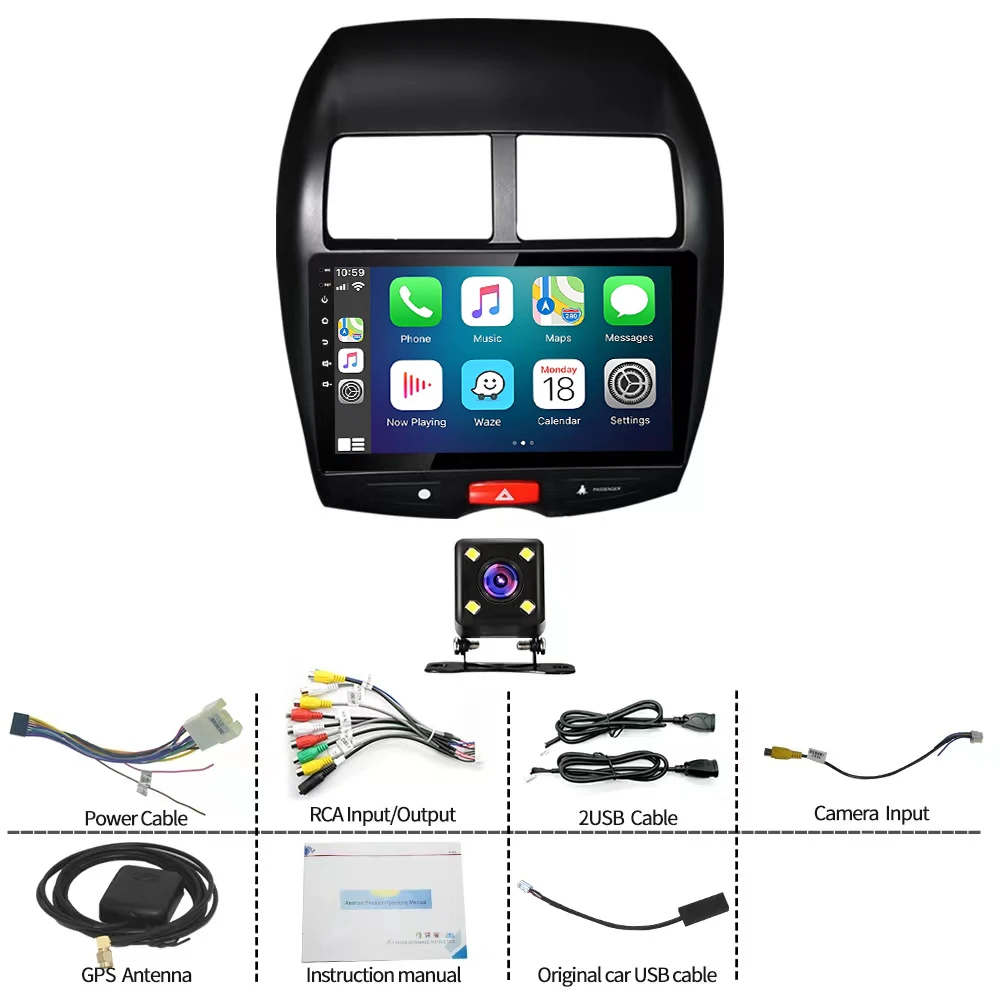Android 13 Car Stereo GPS Navigation Head Unit 2+32G for Mitsubishi ASX 2010-2017 with Carplay Android Auto 10in Radio with Bluetooth WiFi FM/RDS SWC Split Screen + 4Led Backup Cam