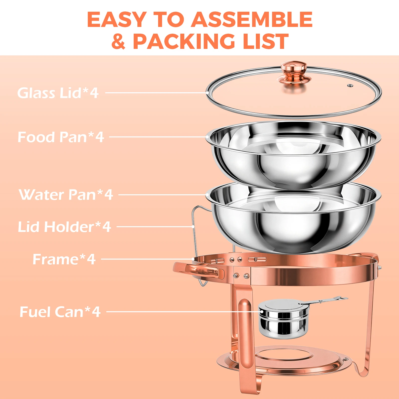 Chafing Dish Set Gold-Plated 5QT Round Warmer Server Stainless Steel 316 with Glass Lids – Premium Buffet & Hot Pot Serving for Parties Buffets Weddings Birthdays 1/2/4/6 Pack