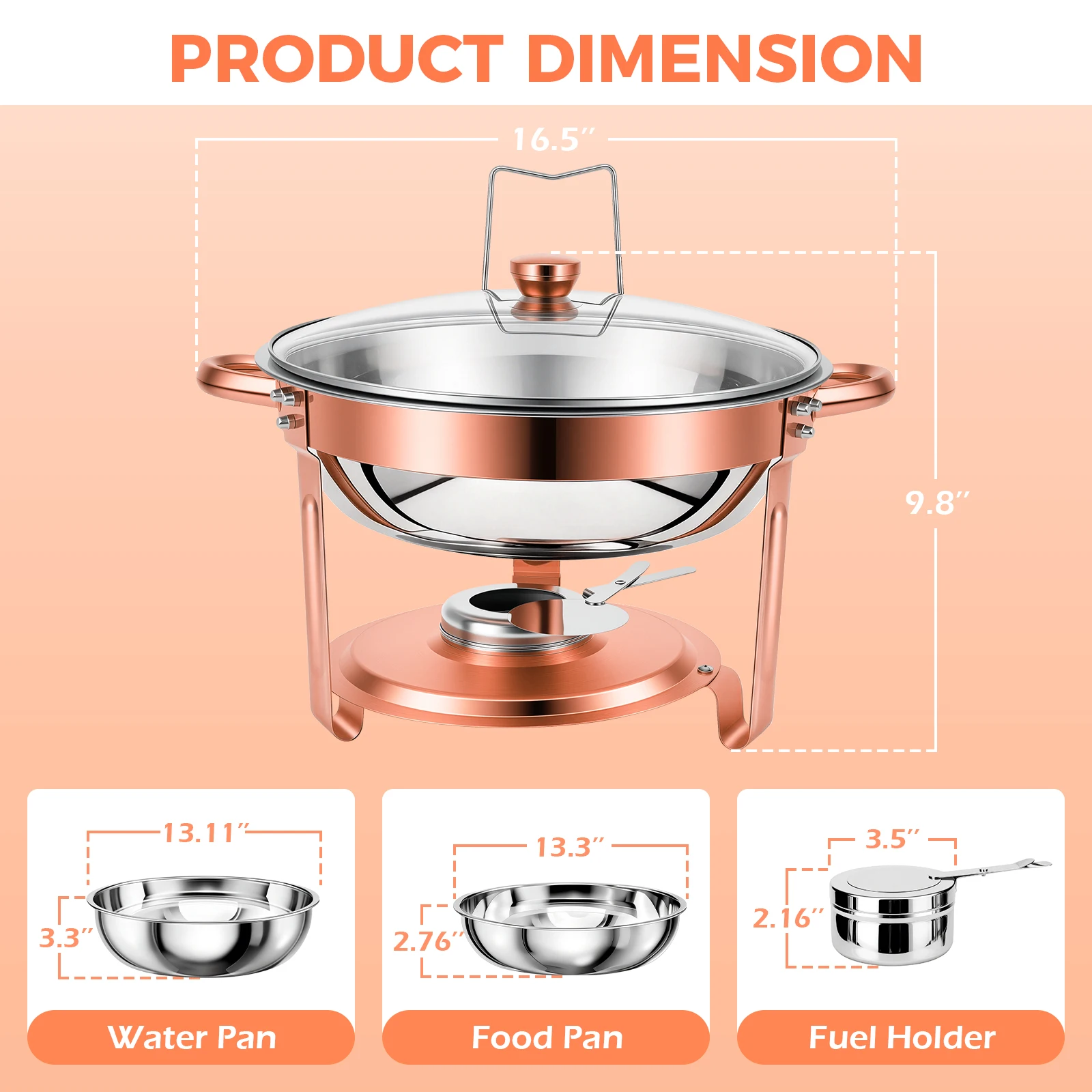 Chafing Dish Set Gold-Plated 5QT Round Warmer Server Stainless Steel 316 with Glass Lids – Premium Buffet & Hot Pot Serving for Parties Buffets Weddings Birthdays 1/2/4/6 Pack