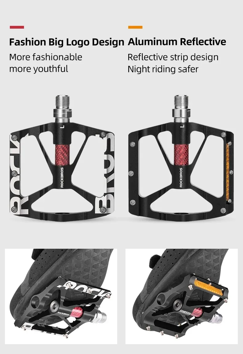 ROCKBROS Bicycle Pedals Alloy Bearings Cycling Pedals Platform Bike Flat Pedal Pedals Reflective Anti-slip MTB Bike Accessories
