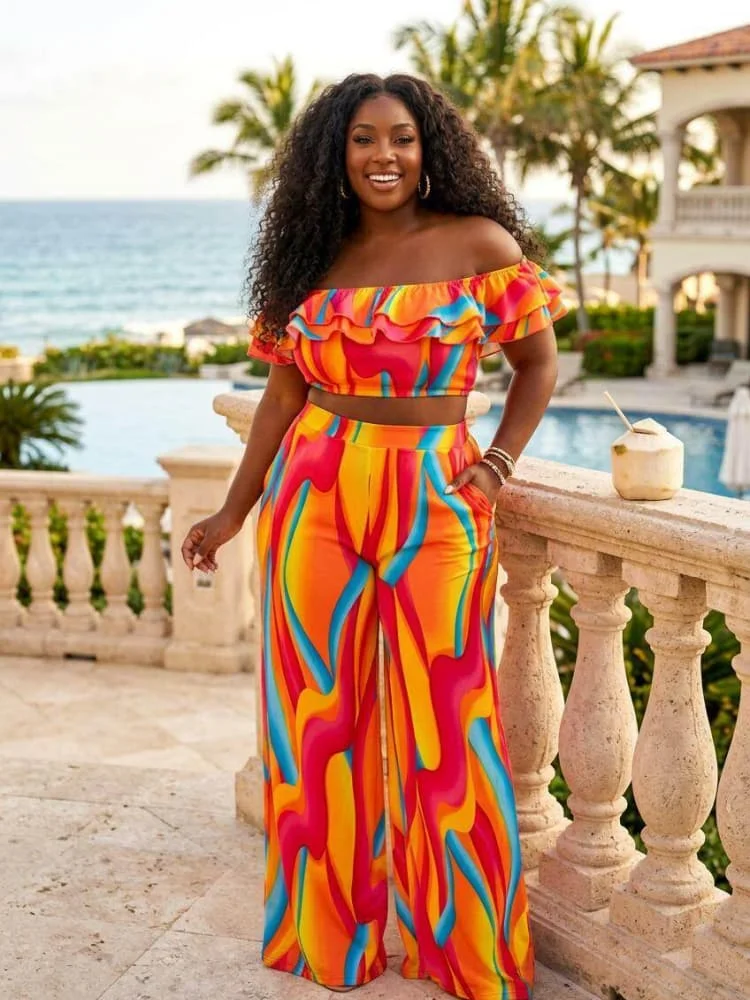 Plus Size Off Shoulder Ruffle Crop Top + High Waist Wide Leg Pants Suit For Women Daily Vacation Street Casual Matching Outfit