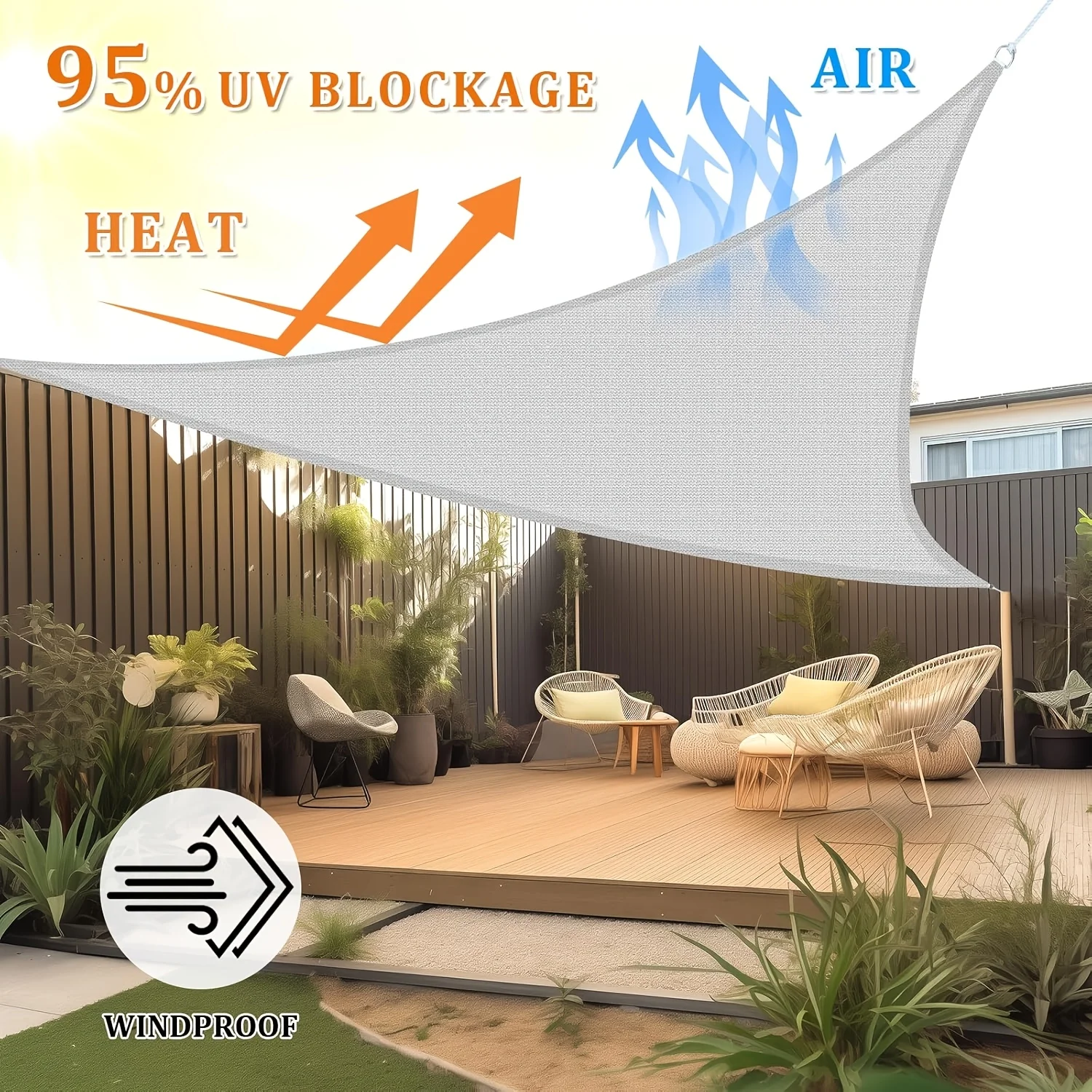 Sun Shade Sail, 12'x12'x12' Triangle Shade Cloth, Curved Edged Commercial Grade 185GSM Permeable Outdoor Shade Cloth for Deck