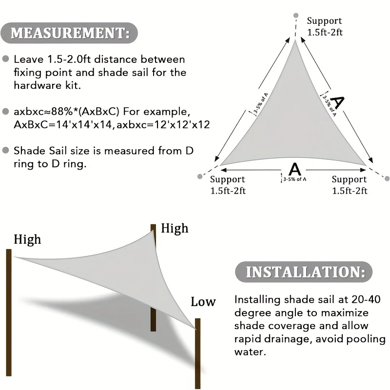 Sun Shade Sail, 12'x12'x12' Triangle Shade Cloth, Curved Edged Commercial Grade 185GSM Permeable Outdoor Shade Cloth for Deck