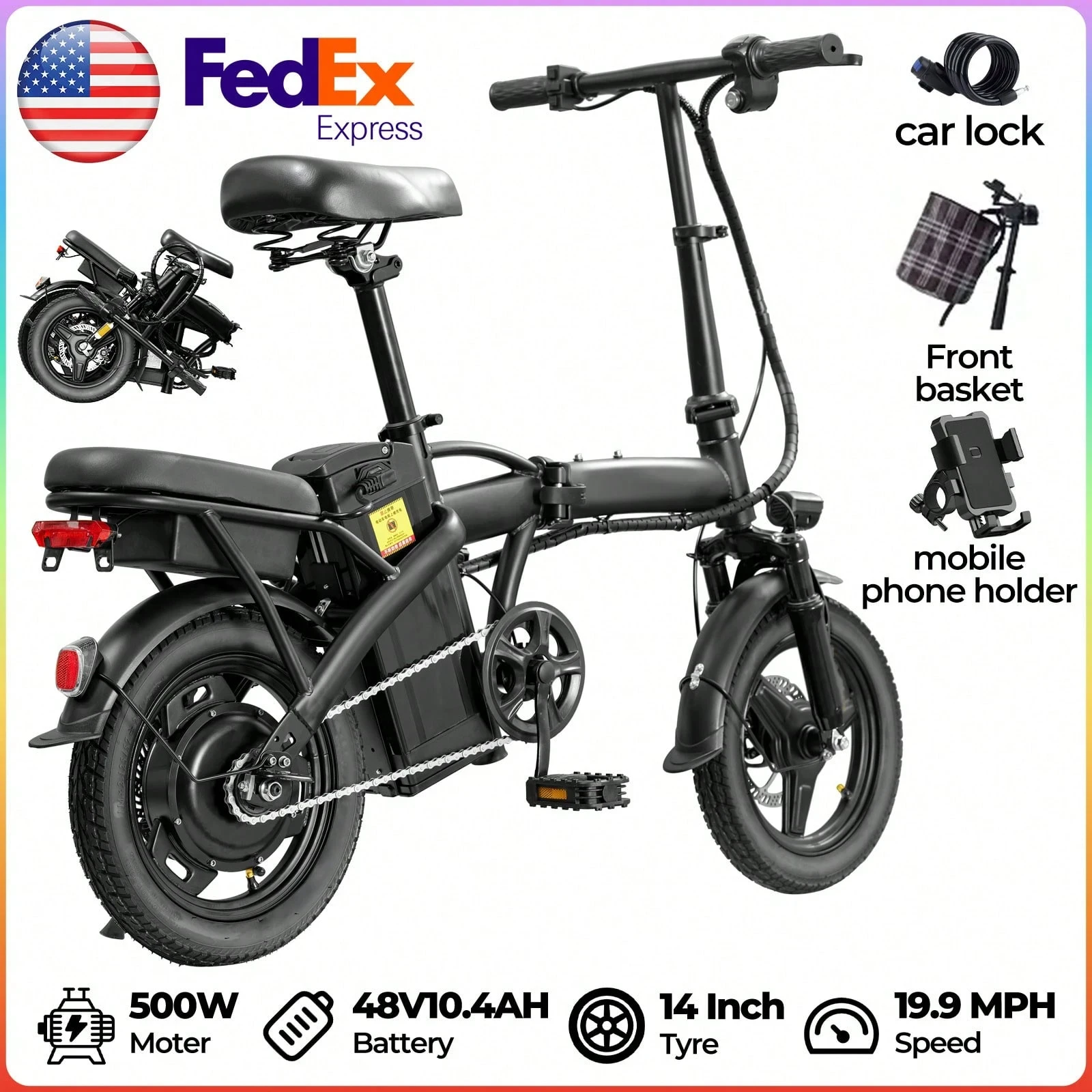 500W Peak Foldable Electric Bicycle 48V 10.4AH Lithium Battery 23MPH Max Speed Dual Disc Brake Front‑Rear Light Adult Folding Ebike for Travel