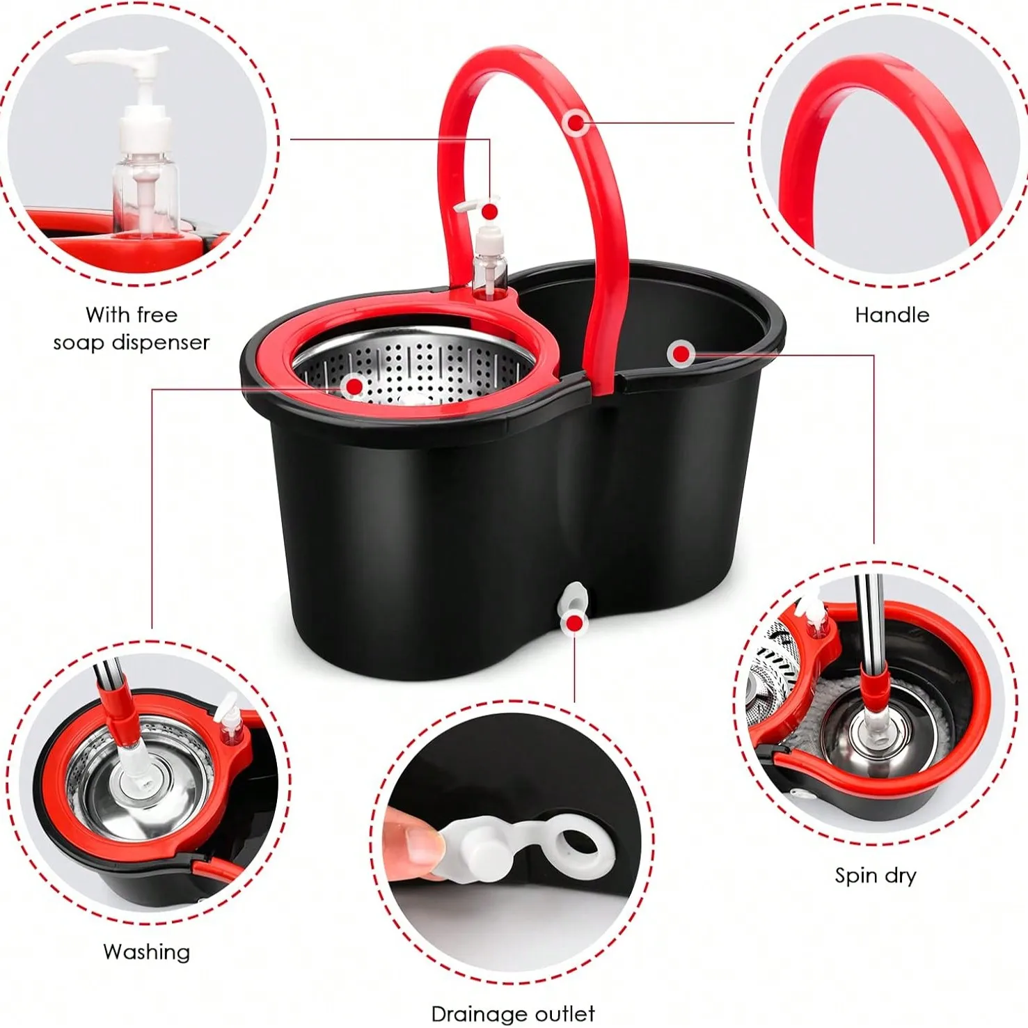 Spin Mop And Bucket, Mop And Bucket With Wringer Set 360° Spinning Mop Bucket With 3 Microfiber Mop Heads 61" Telescoping Handle For Office And Home Floor Cleaning (Black)