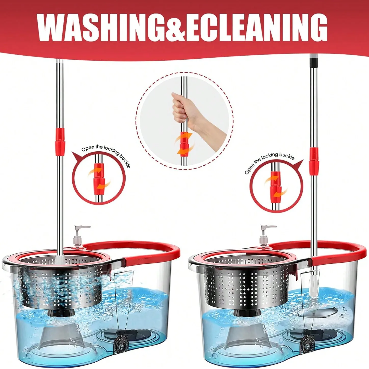 Spin Mop And Bucket, Mop And Bucket With Wringer Set 360° Spinning Mop Bucket With 3 Microfiber Mop Heads 61" Telescoping Handle For Office And Home Floor Cleaning (Black)