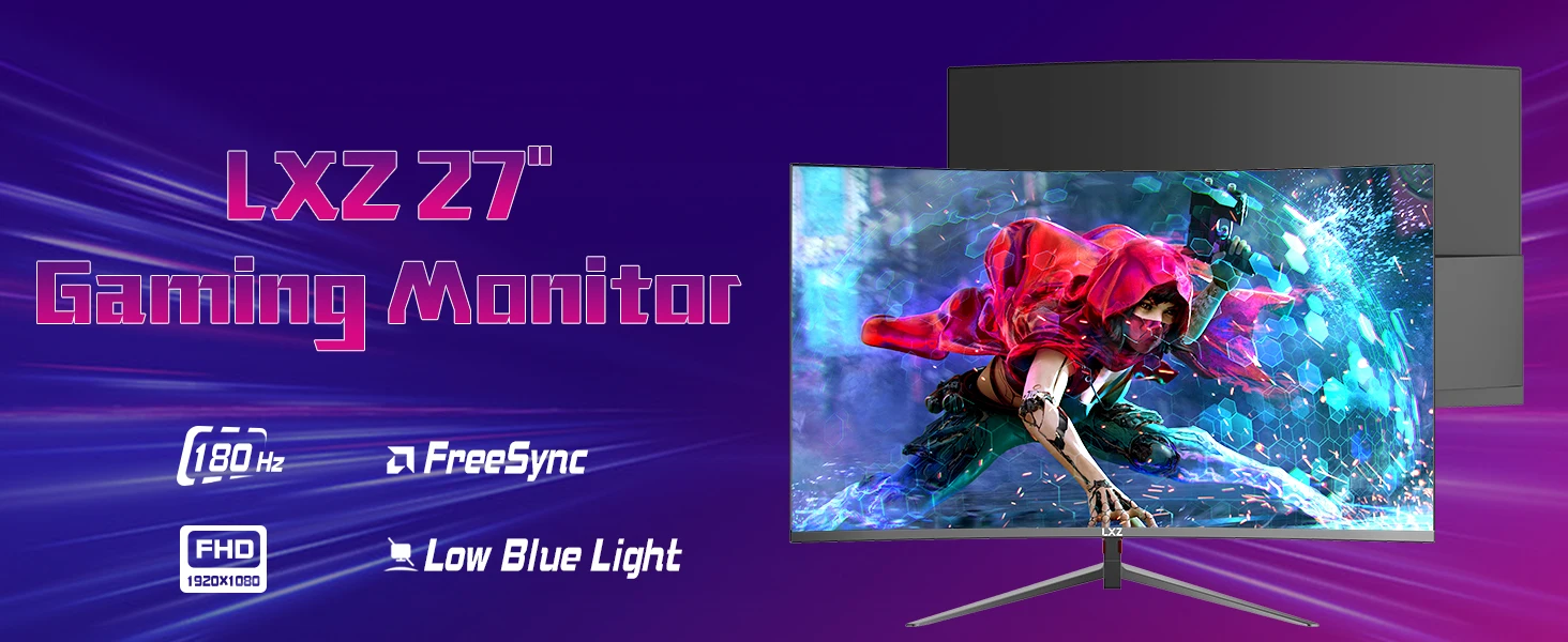 LXZ 27 inch Curved Gaming Monitor, 180Hz Monitor FHD 1080P, Built-in Speaker, Frameless 1800R Computer Display with FreeSync Technology, Wall Mountable, Christmas Gifts for Men and Women, Advent Gifts, Gaming Accessories