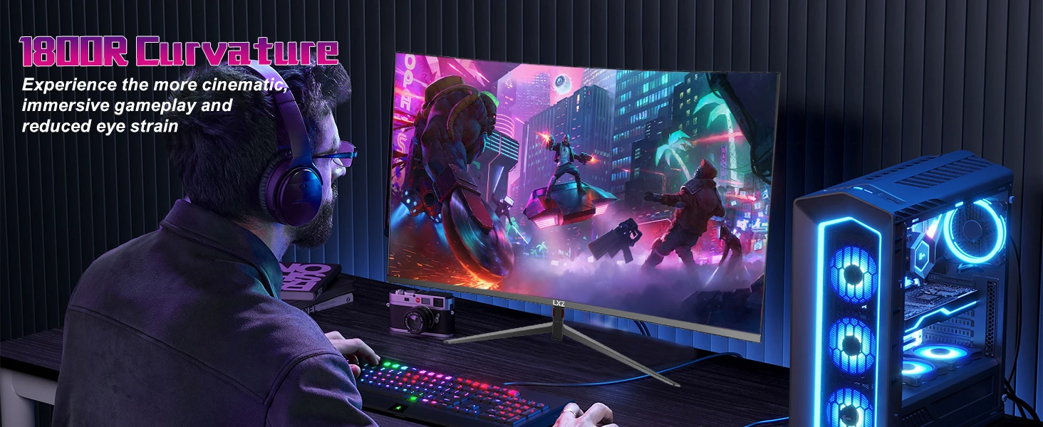 LXZ 27 inch Curved Gaming Monitor, 180Hz Monitor FHD 1080P, Built-in Speaker, Frameless 1800R Computer Display with FreeSync Technology, Wall Mountable, Christmas Gifts for Men and Women, Advent Gifts, Gaming Accessories