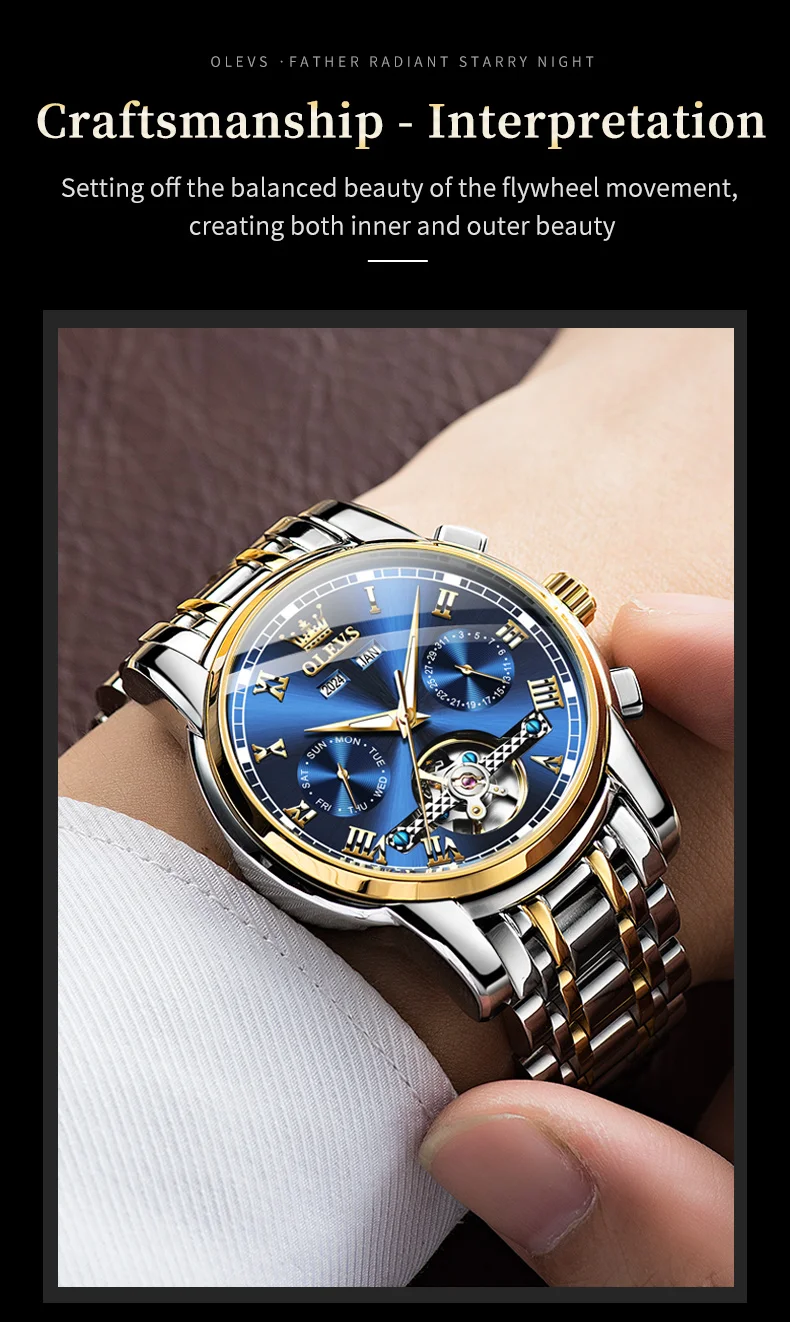 OLEVS 6607 Brand original authentic watches for man luxury Gift Box Steel belt multifunctional mechanical men's watch