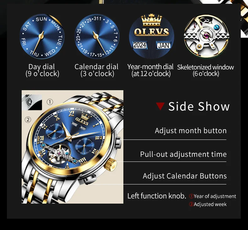 OLEVS 6607 Brand original authentic watches for man luxury Gift Box Steel belt multifunctional mechanical men's watch