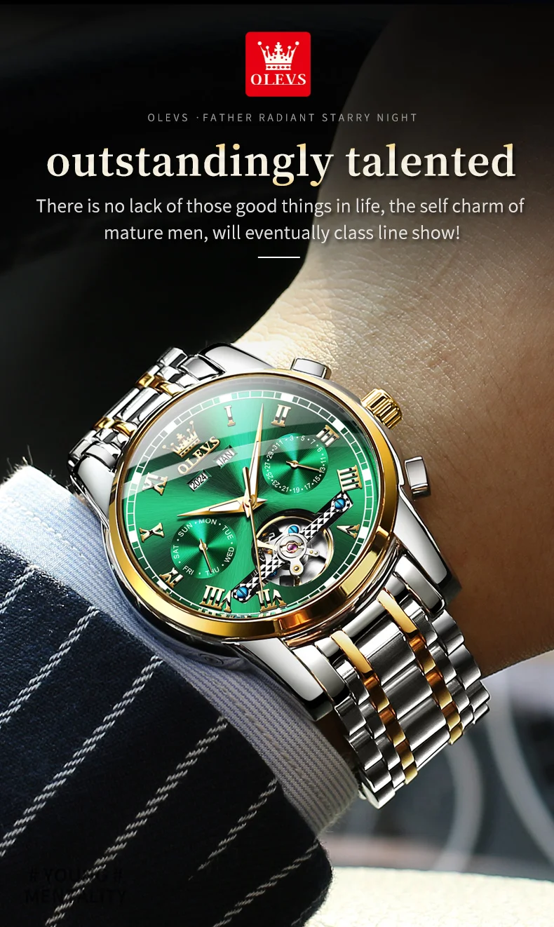 OLEVS 6607 Brand original authentic watches for man luxury Gift Box Steel belt multifunctional mechanical men's watch