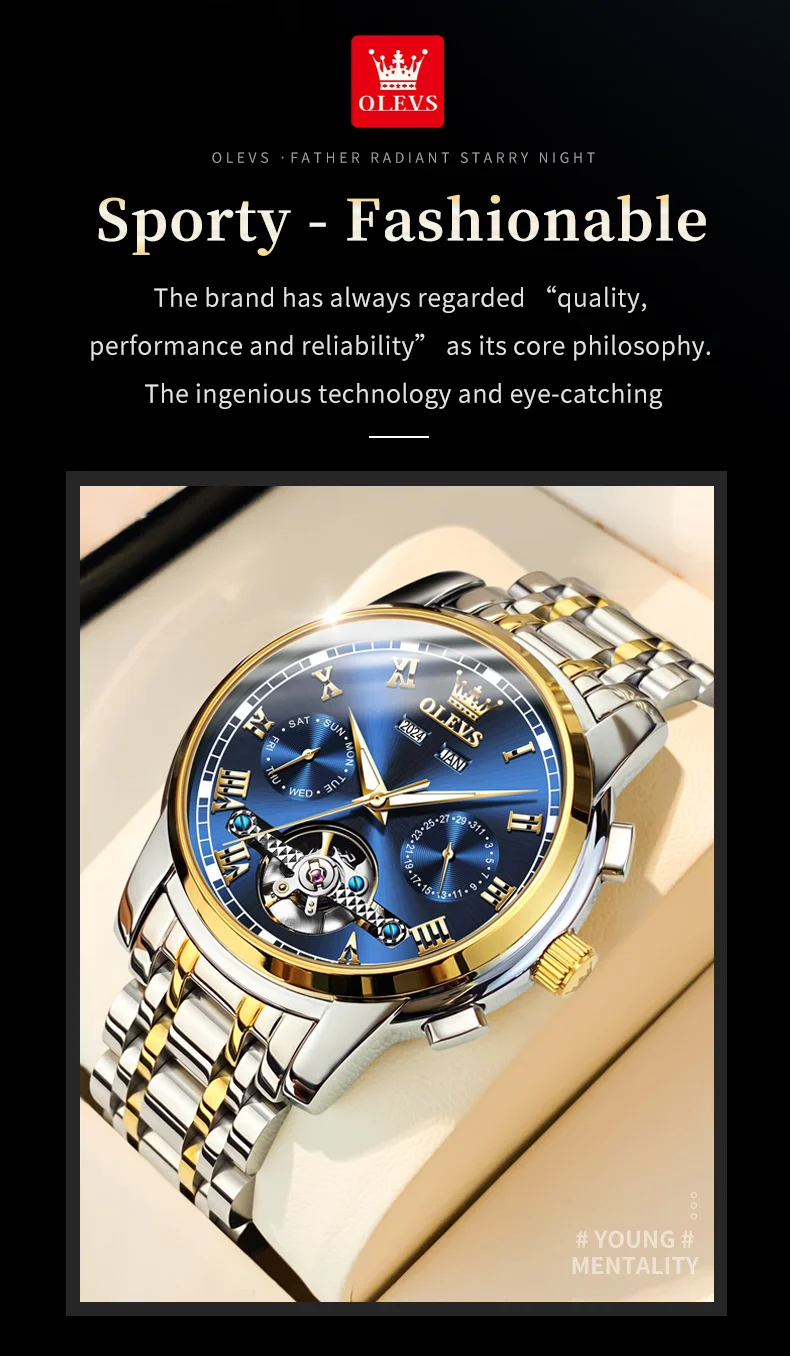 OLEVS 6607 Brand original authentic watches for man luxury Gift Box Steel belt multifunctional mechanical men's watch