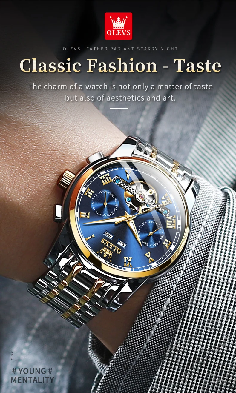 OLEVS 6607 Brand original authentic watches for man luxury Gift Box Steel belt multifunctional mechanical men's watch
