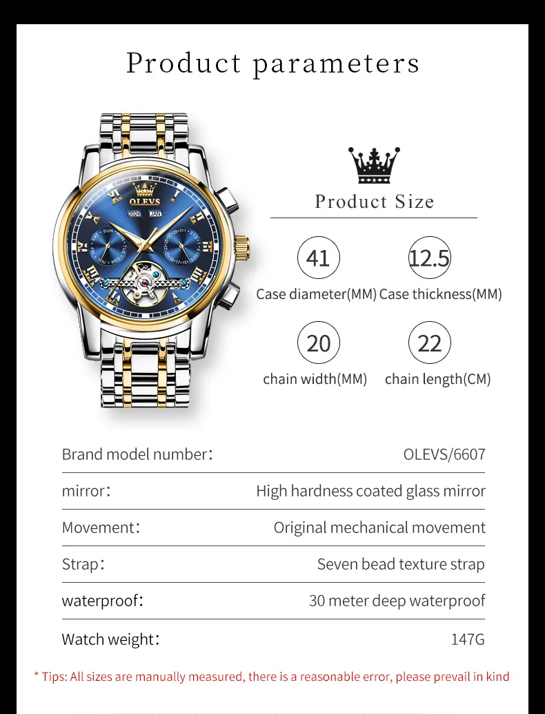 OLEVS 6607 Brand original authentic watches for man luxury Gift Box Steel belt multifunctional mechanical men's watch