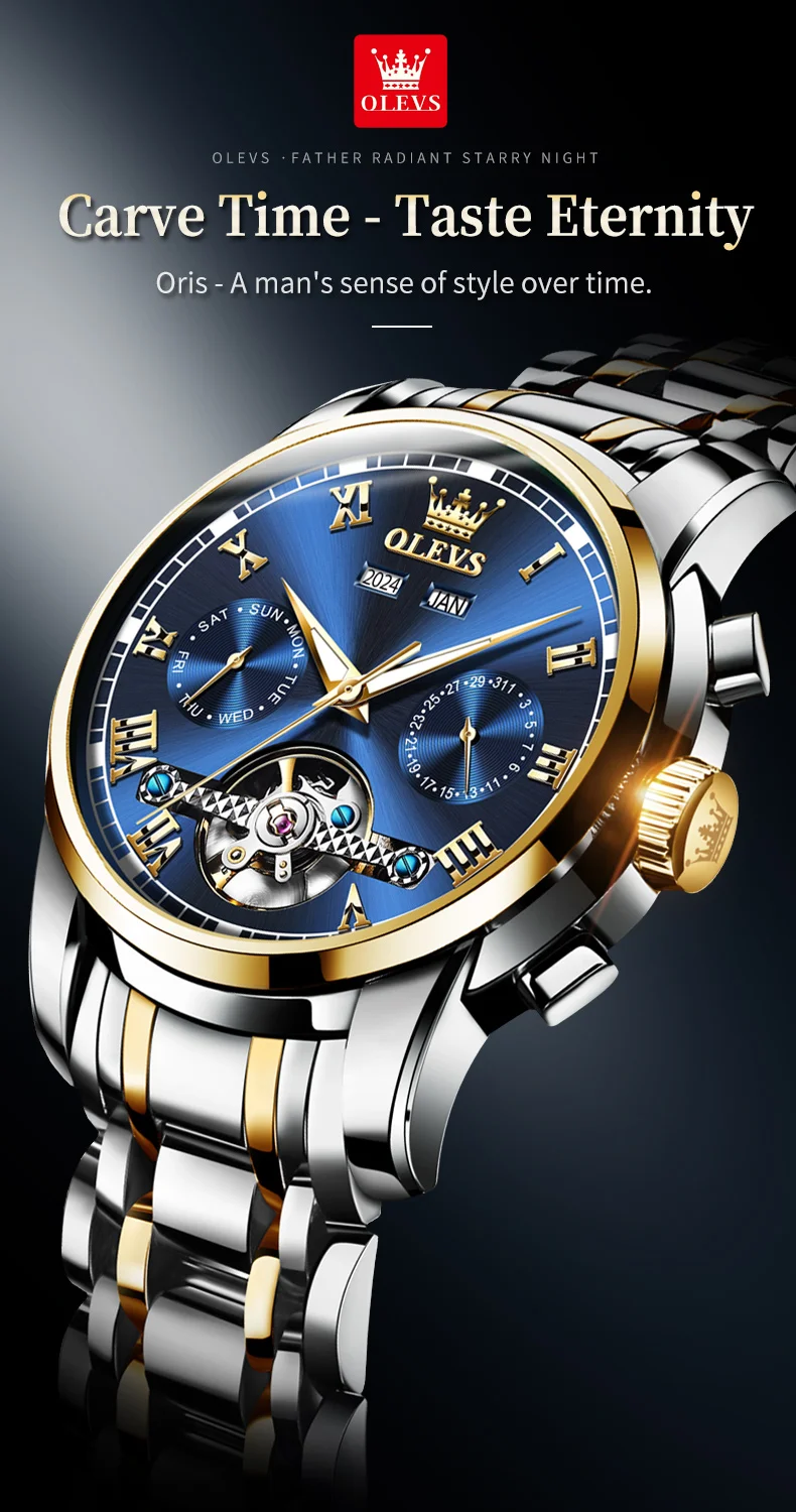 OLEVS 6607 Brand original authentic watches for man luxury Gift Box Steel belt multifunctional mechanical men's watch