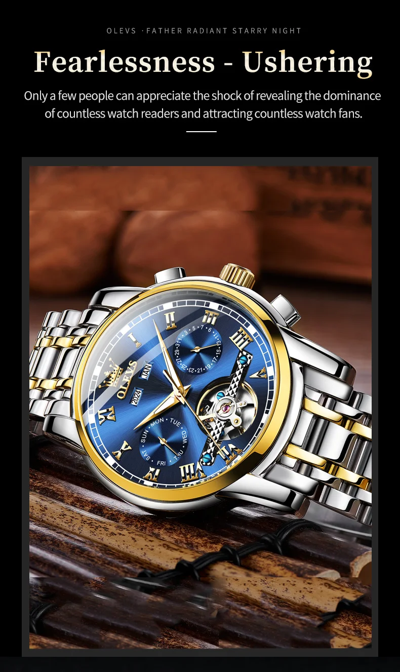 OLEVS 6607 Brand original authentic watches for man luxury Gift Box Steel belt multifunctional mechanical men's watch