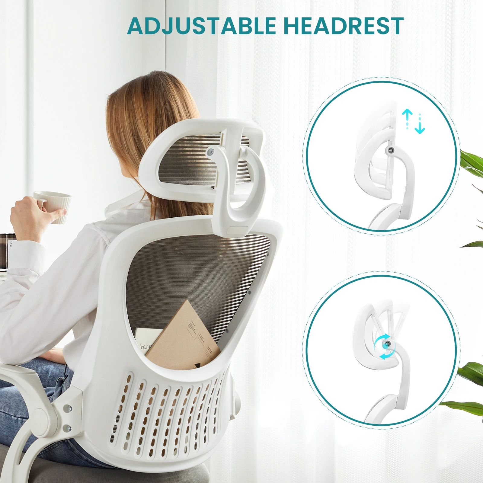 JHK Mesh Flip-up Arms Computer Desk Chair Ergonomic Office Chair with Lumbar Support Adjustable Headrests High-Back Rolling Work Office Chair For Home Office