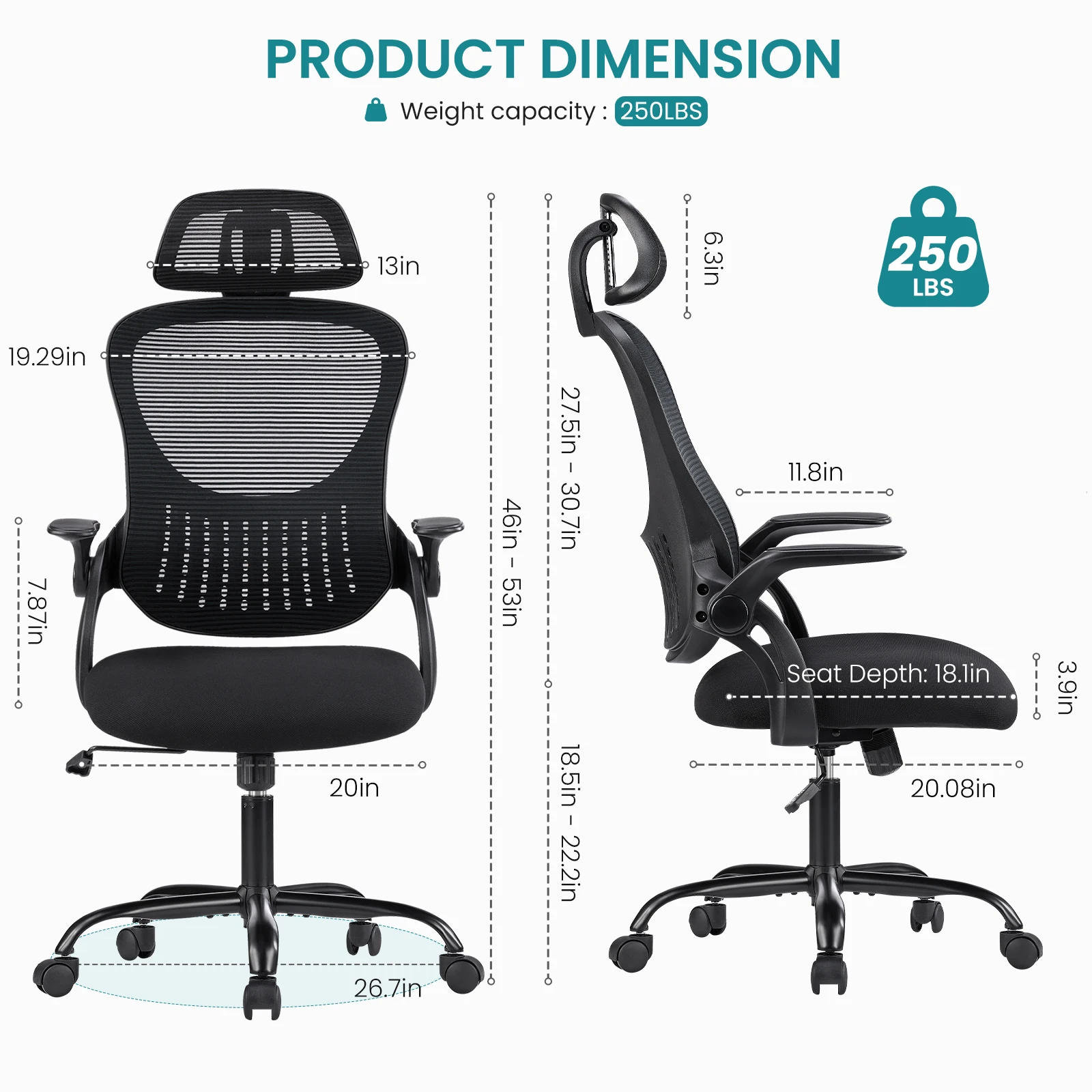 JHK Mesh Flip-up Arms Computer Desk Chair Ergonomic Office Chair with Lumbar Support Adjustable Headrests High-Back Rolling Work Office Chair For Home Office