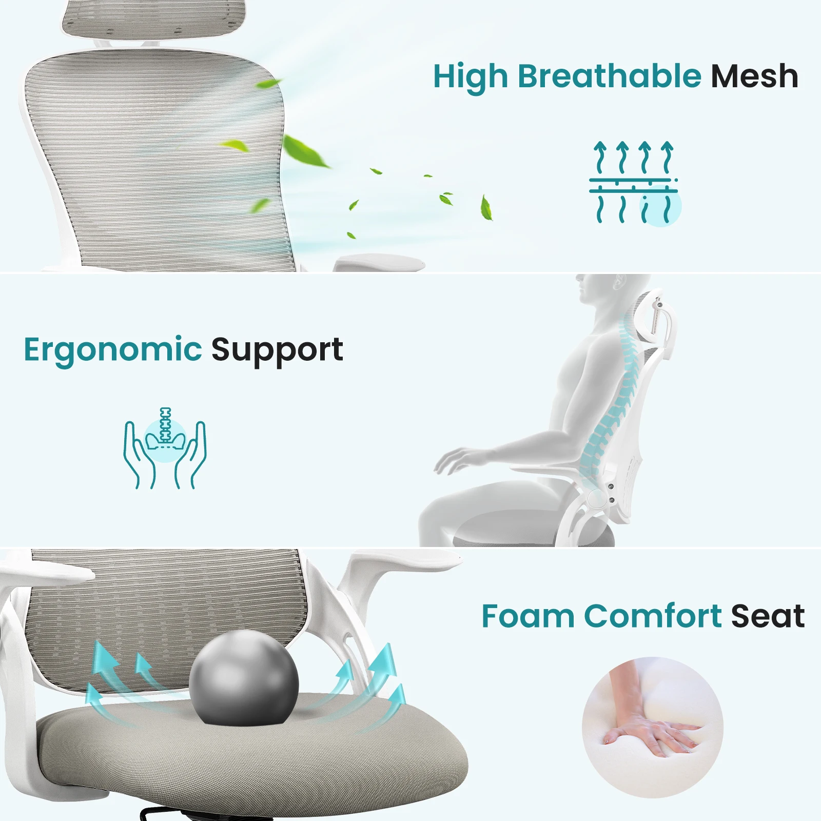 JHK Mesh Flip-up Arms Computer Desk Chair Ergonomic Office Chair with Lumbar Support Adjustable Headrests High-Back Rolling Work Office Chair For Home Office