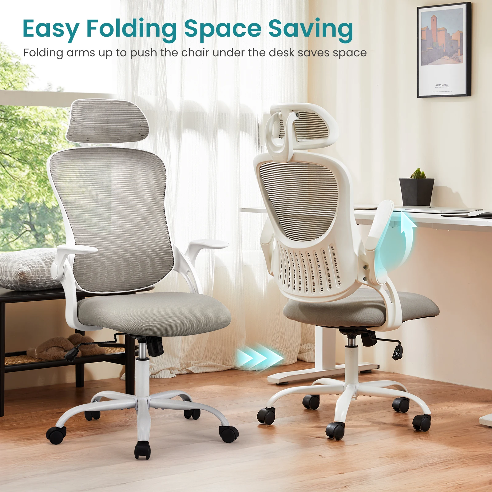 JHK Mesh Flip-up Arms Computer Desk Chair Ergonomic Office Chair with Lumbar Support Adjustable Headrests High-Back Rolling Work Office Chair For Home Office