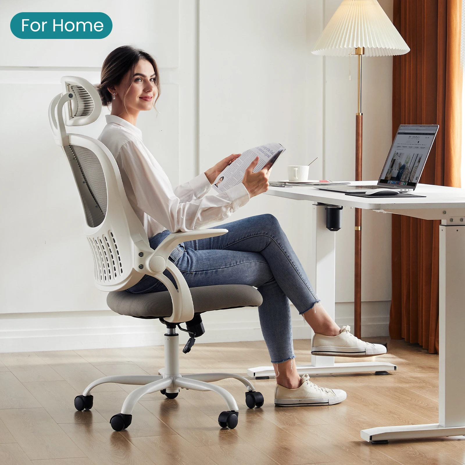 JHK Mesh Flip-up Arms Computer Desk Chair Ergonomic Office Chair with Lumbar Support Adjustable Headrests High-Back Rolling Work Office Chair For Home Office