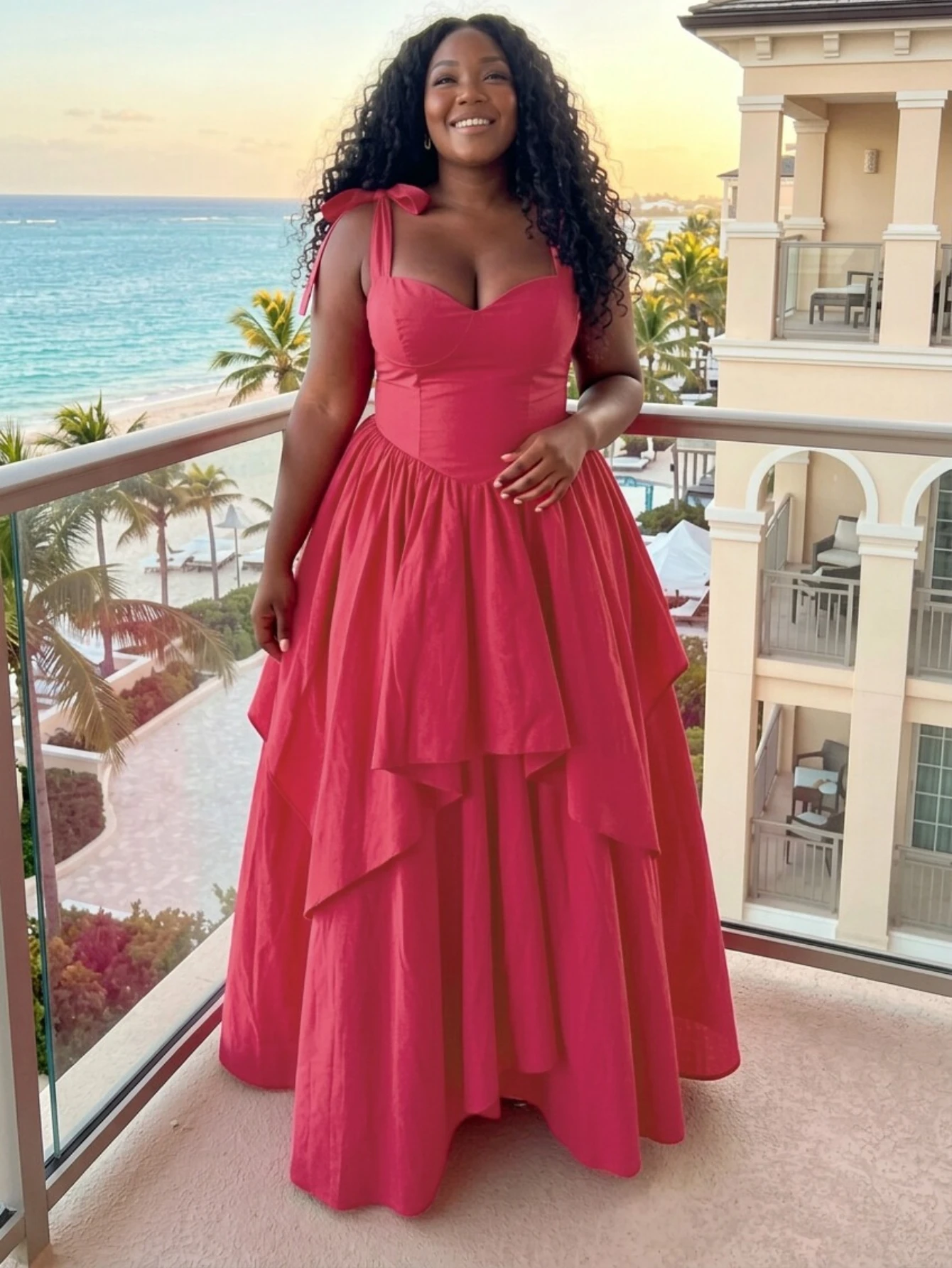 Women Plus Size Sweetheart Neck Bow Strap Maxi Dress Elegant Layered A Line Long Dress For Wedding Guest Formal Occasion