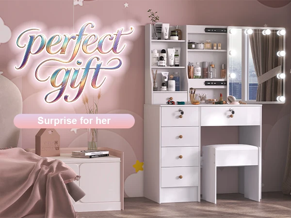 Makeup Vanity Desk Set with Mirror & Cushioned Stool, 10 LED Hollywood Lights Dressing Table, 6 Drawers Large Storage Bedroom Vanity Table for Women Cosmetic Makeup Station