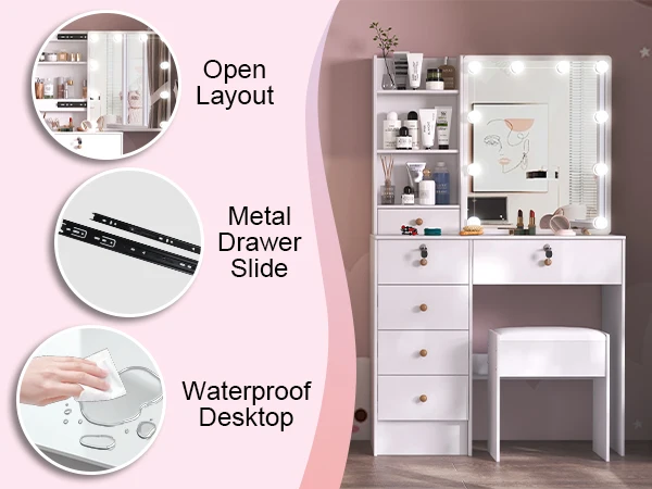 Makeup Vanity Desk Set with Mirror & Cushioned Stool, 10 LED Hollywood Lights Dressing Table, 6 Drawers Large Storage Bedroom Vanity Table for Women Cosmetic Makeup Station