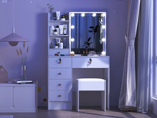 Makeup Vanity Desk Set with Mirror & Cushioned Stool, 10 LED Hollywood Lights Dressing Table, 6 Drawers Large Storage Bedroom Vanity Table for Women Cosmetic Makeup Station