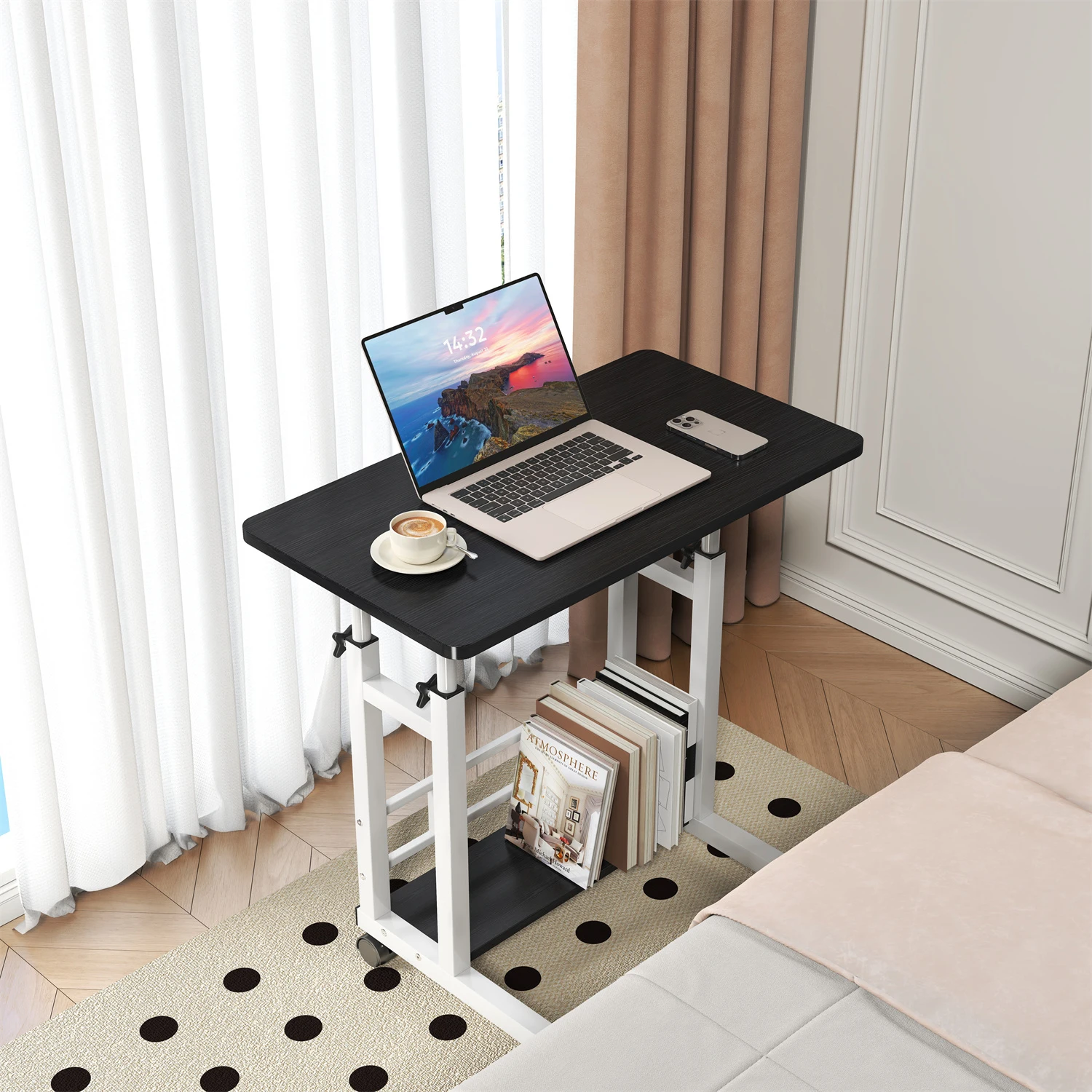 Adjustable Height Mobile Standing Desk, 80.0 cm x 40.0 cm Rolling Laptop Table with Storage Basket, Portable Sit to Stand Workstation with Locking Casters for Small Spaces, Home Office, Black