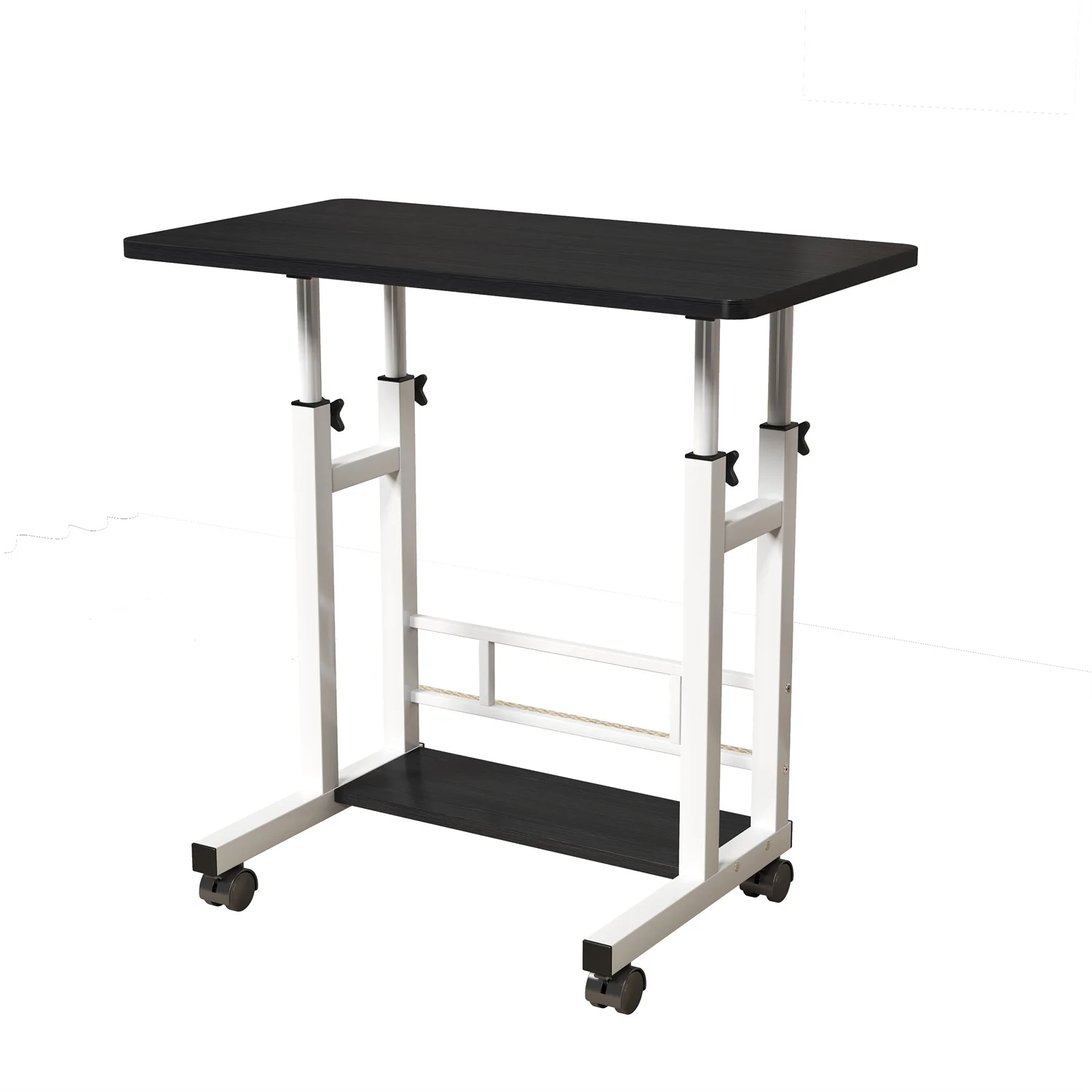 Adjustable Height Mobile Standing Desk, 80.0 cm x 40.0 cm Rolling Laptop Table with Storage Basket, Portable Sit to Stand Workstation with Locking Casters for Small Spaces, Home Office, Black