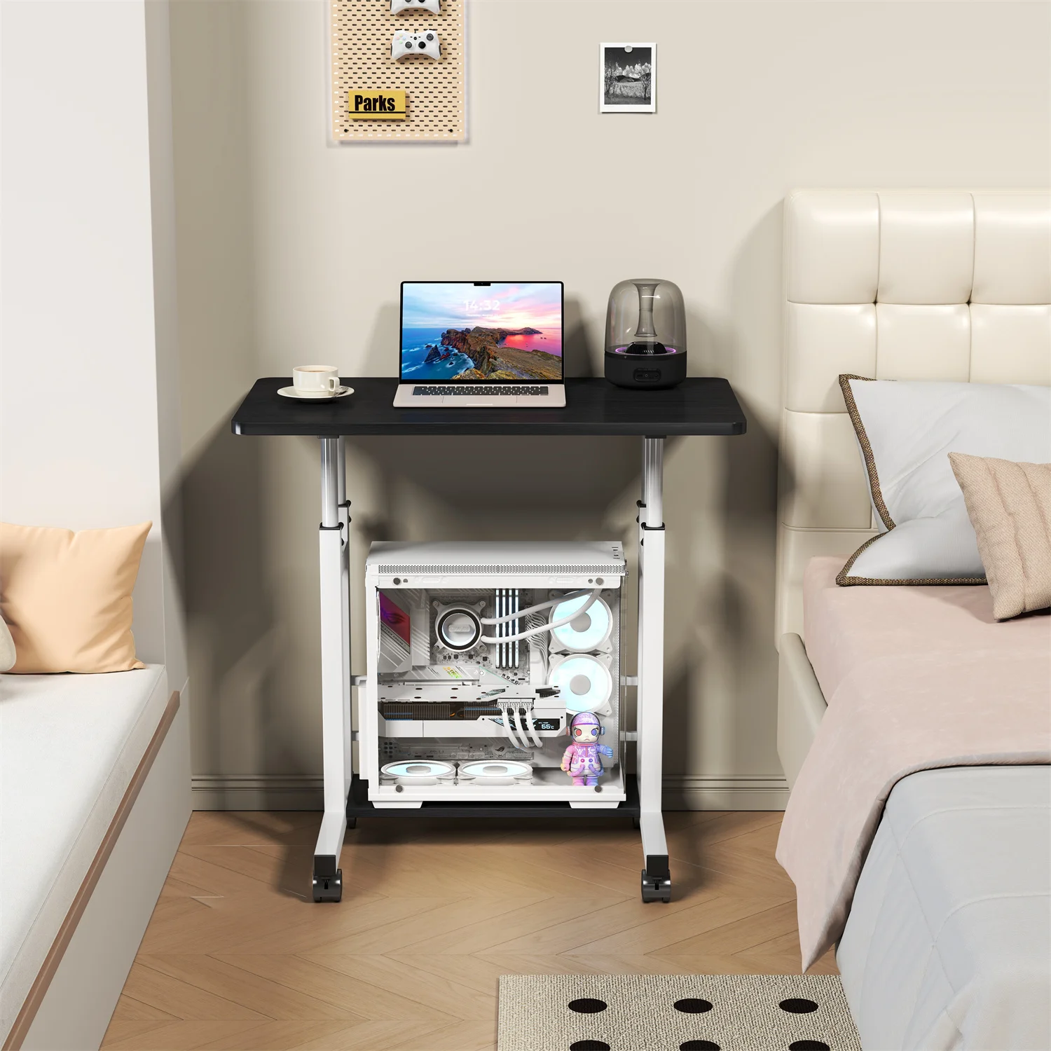 Adjustable Height Mobile Standing Desk, 80.0 cm x 40.0 cm Rolling Laptop Table with Storage Basket, Portable Sit to Stand Workstation with Locking Casters for Small Spaces, Home Office, Black