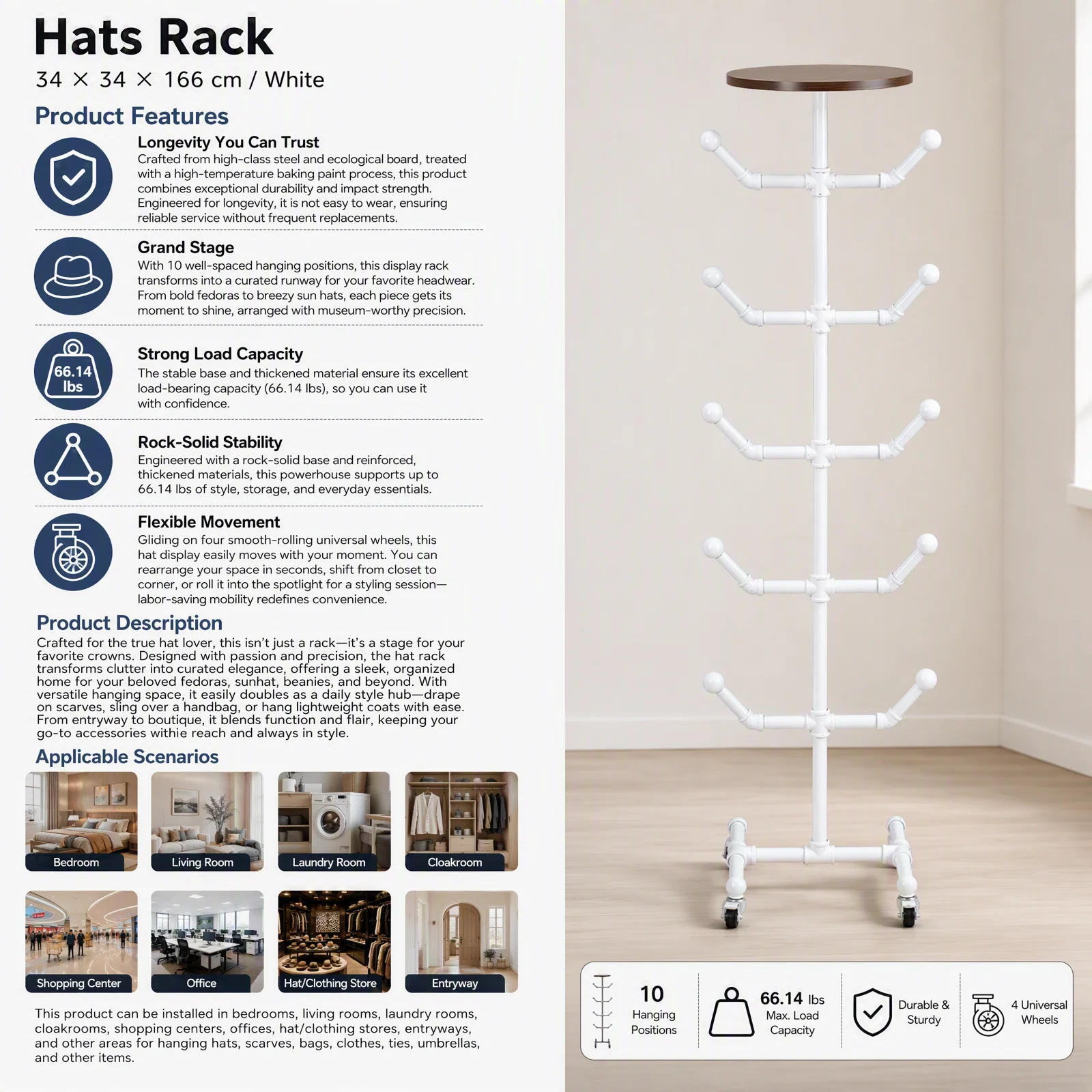 Freestanding Hat Rack with 10 Spherical Hooks, Rollable Coat and Hat Stand with 4 Wheels & Brakes, 66 lbs Capacity for Entryway Bedroom Clothing Store, White