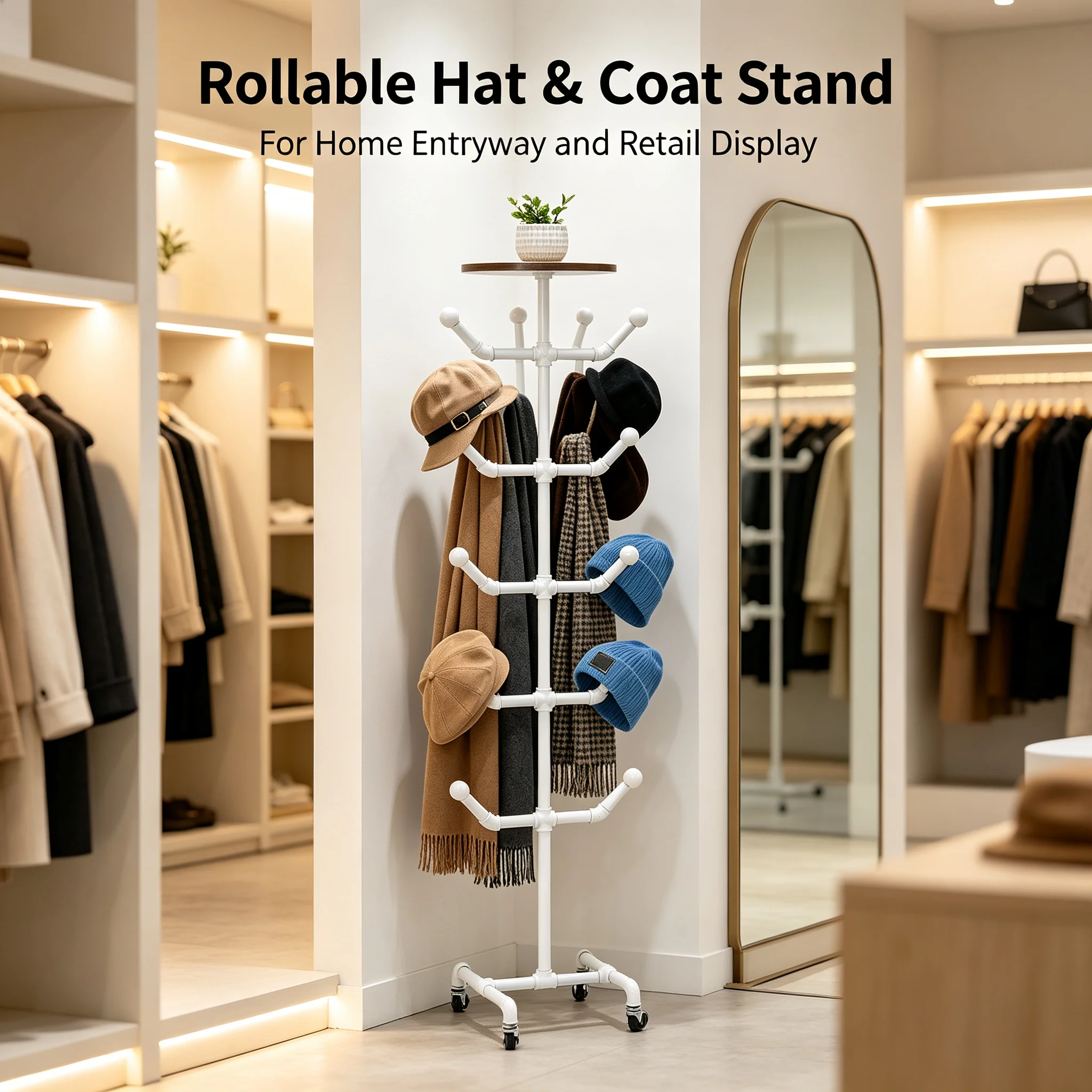 Freestanding Hat Rack with 10 Spherical Hooks, Rollable Coat and Hat Stand with 4 Wheels & Brakes, 66 lbs Capacity for Entryway Bedroom Clothing Store, White