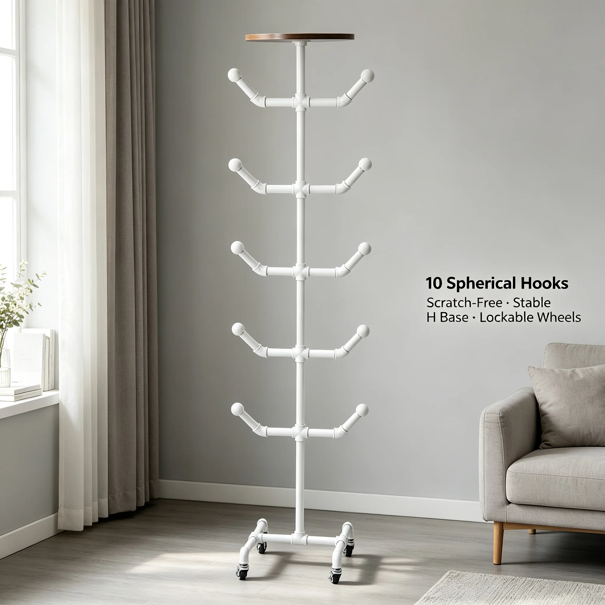 Freestanding Hat Rack with 10 Spherical Hooks, Rollable Coat and Hat Stand with 4 Wheels & Brakes, 66 lbs Capacity for Entryway Bedroom Clothing Store, White