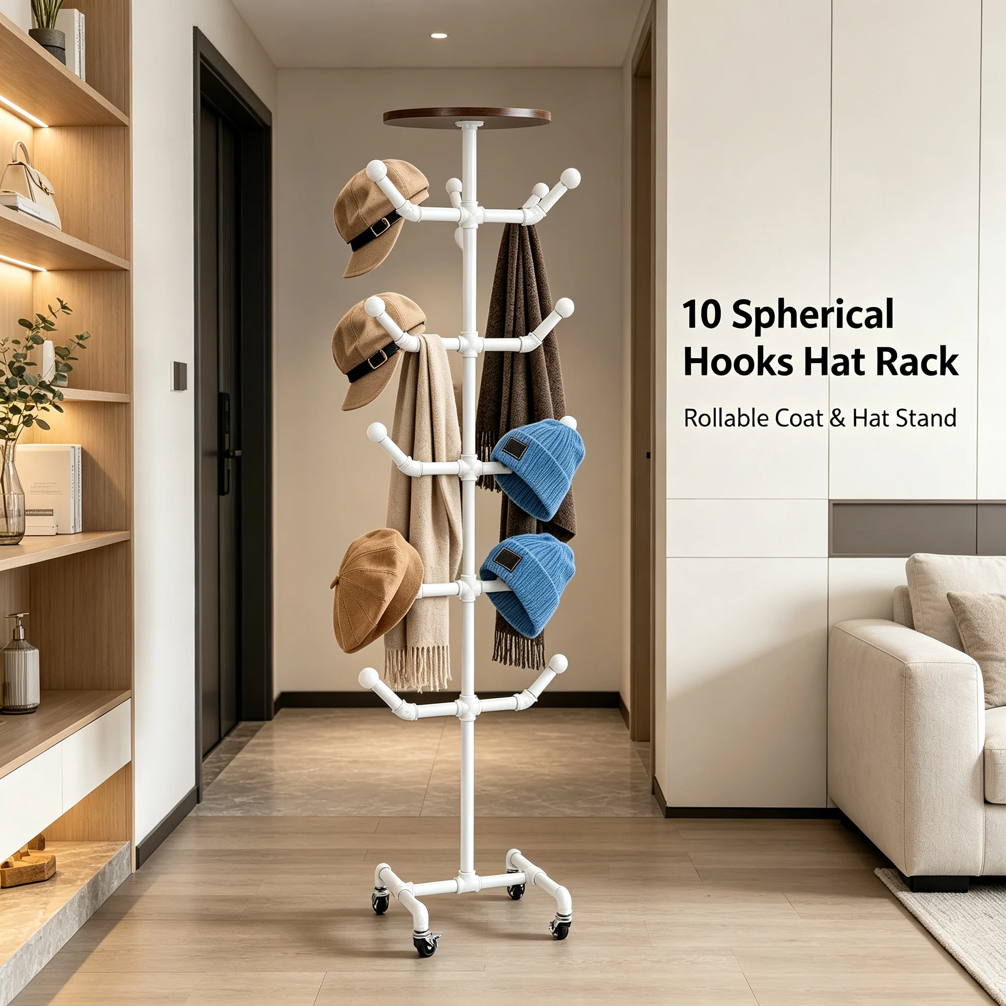 Freestanding Hat Rack with 10 Spherical Hooks, Rollable Coat and Hat Stand with 4 Wheels & Brakes, 66 lbs Capacity for Entryway Bedroom Clothing Store, White