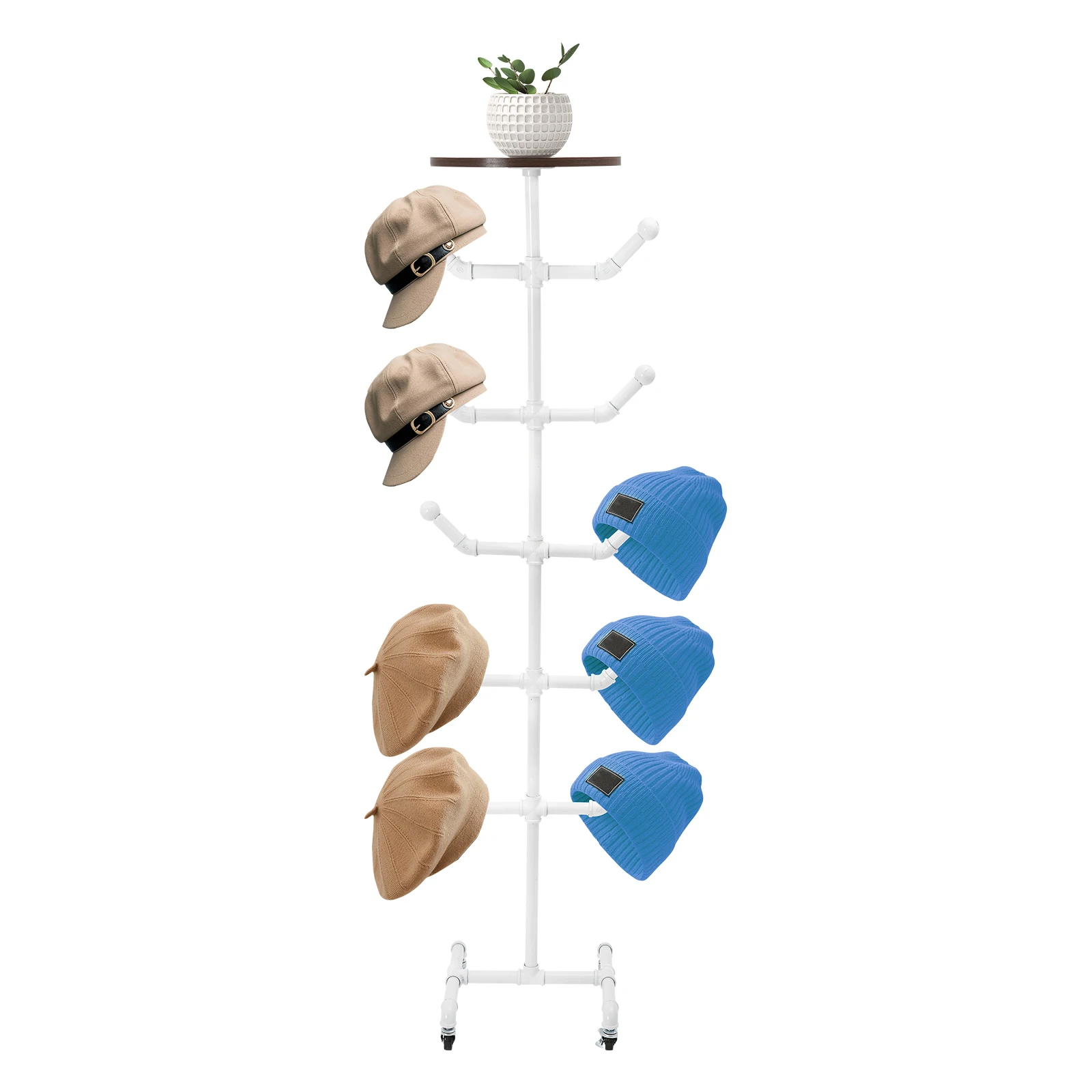 Freestanding Hat Rack with 10 Spherical Hooks, Rollable Coat and Hat Stand with 4 Wheels & Brakes, 66 lbs Capacity for Entryway Bedroom Clothing Store, White