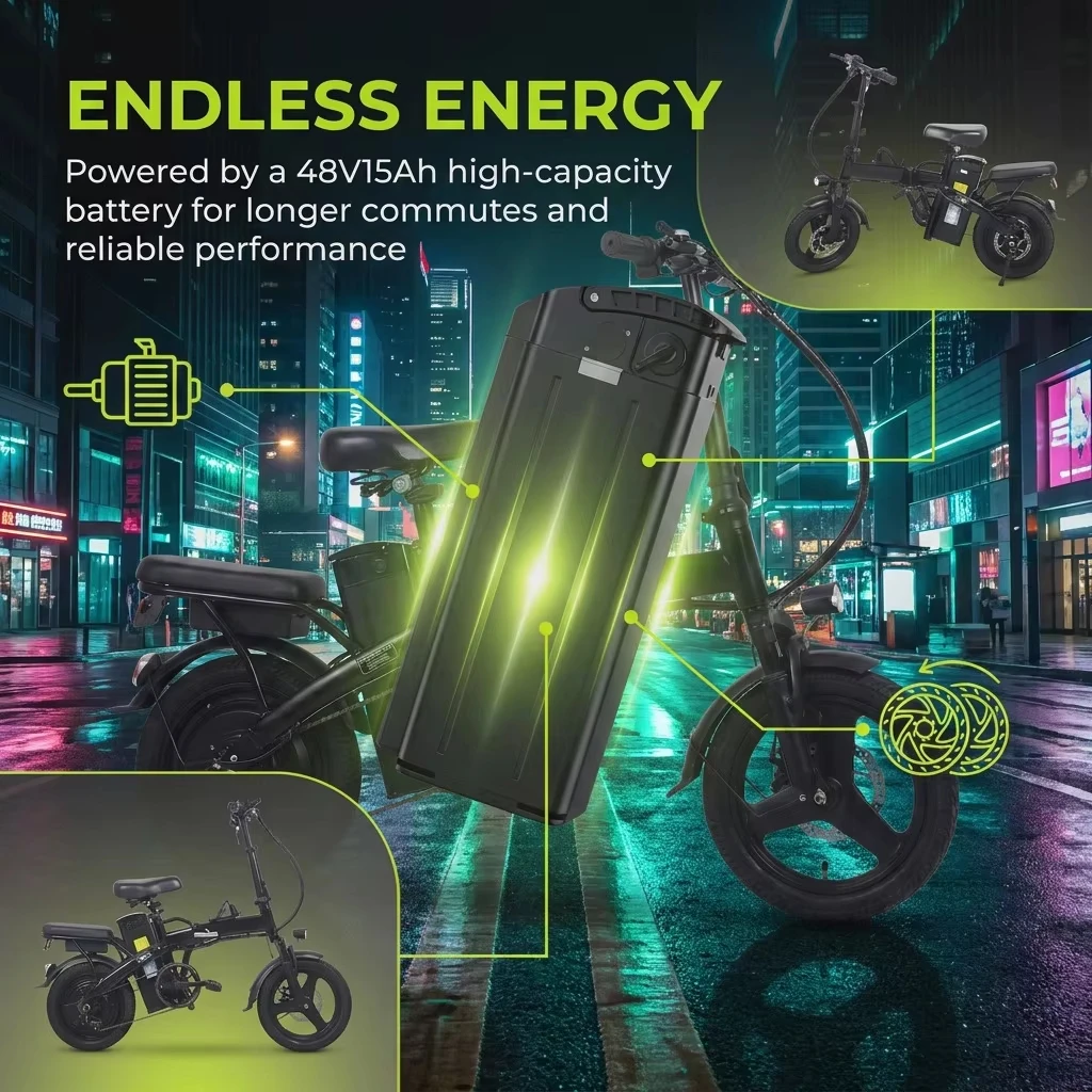 Electric Bike for Adults City Commuter, 500W Motor 48V 15Ah Removable Battery, Front & Rear Disc Brakes, All-Terrain Tires, Folding E-Bike with Dual Seat & Lights
