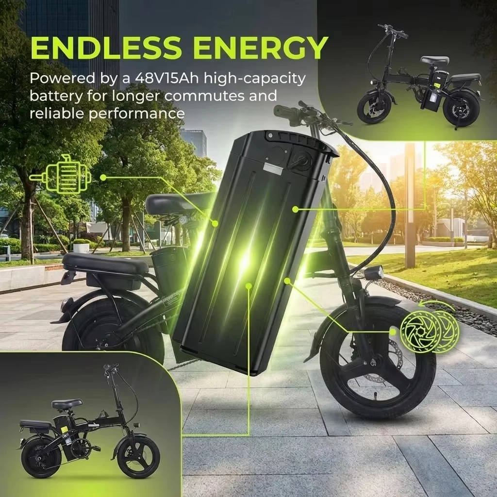 Electric Bike for Adults City Commuter, 500W Motor 48V 15Ah Removable Battery, Front & Rear Disc Brakes, All-Terrain Tires, Folding E-Bike with Dual Seat & Lights