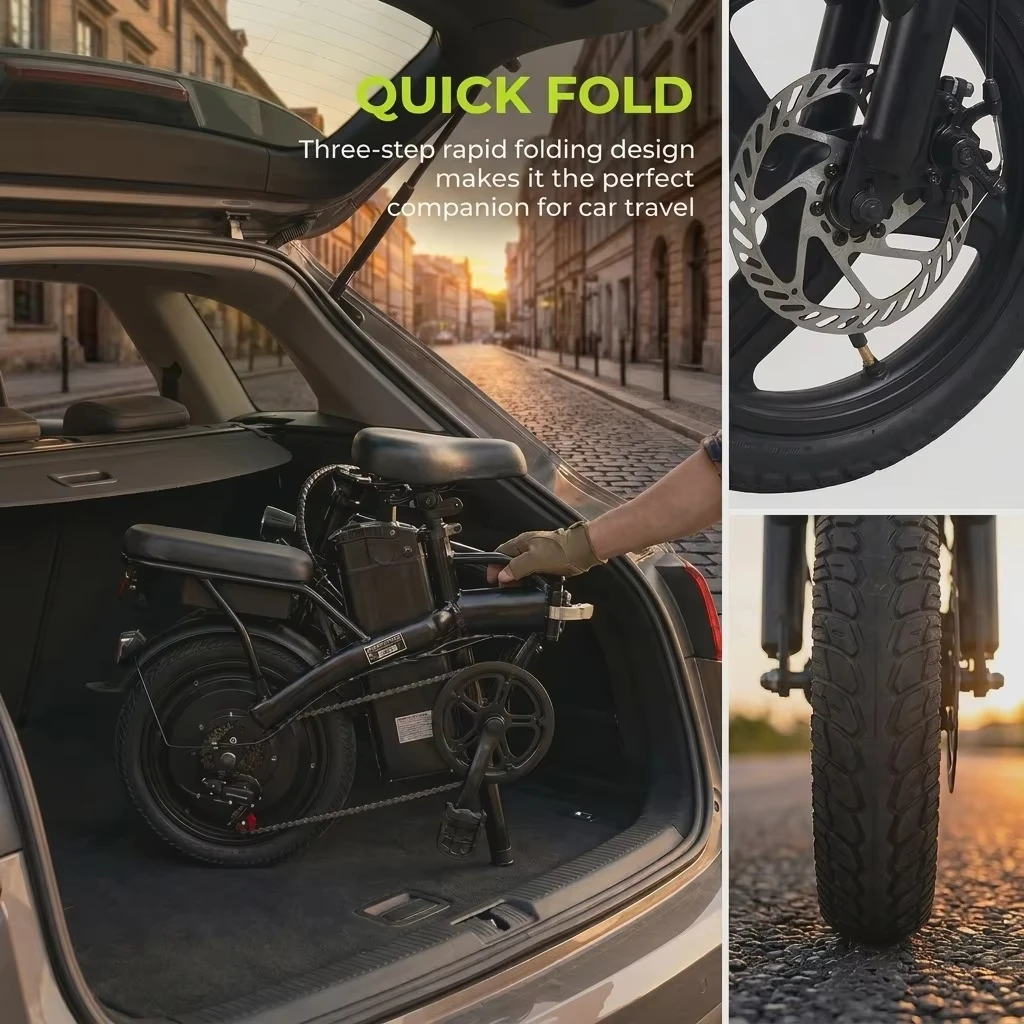 Electric Bike for Adults City Commuter, 500W Motor 48V 15Ah Removable Battery, Front & Rear Disc Brakes, All-Terrain Tires, Folding E-Bike with Dual Seat & Lights