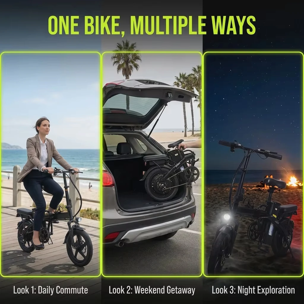 Electric Bike for Adults City Commuter, 500W Motor 48V 15Ah Removable Battery, Front & Rear Disc Brakes, All-Terrain Tires, Folding E-Bike with Dual Seat & Lights