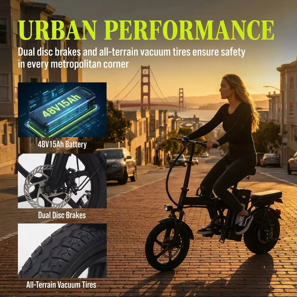 Electric Bike for Adults City Commuter, 500W Motor 48V 15Ah Removable Battery, Front & Rear Disc Brakes, All-Terrain Tires, Folding E-Bike with Dual Seat & Lights
