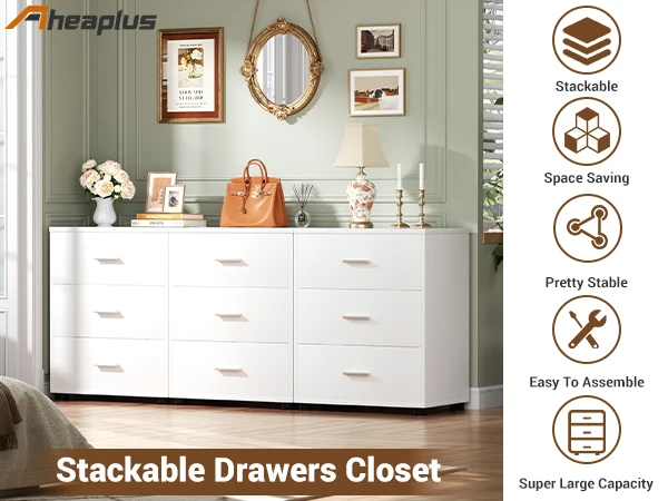 Aheaplus 3-Drawer Wooden Storage Cabinet 2-Pack, Stackable Closet Organizer with Deep Drawers, Nightstand & Bedside Table for Bedroom, Home Office, Entryway – White