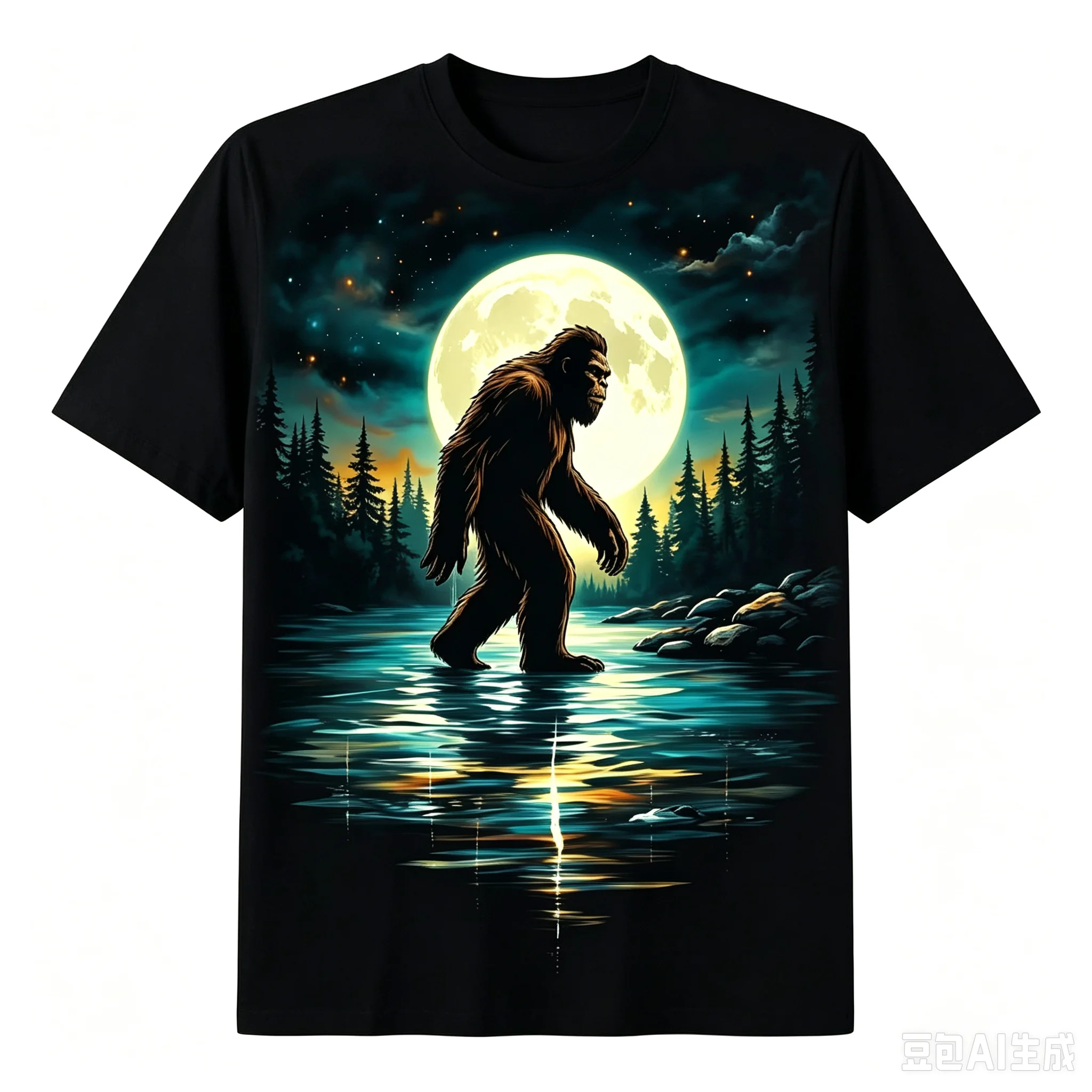 Bigfoot Night Moon Forest Lake Graphic T‑Shirt, Sasquatch Wilderness Nature Novelty Tee, Casual Short Sleeve T‑Shirt For Men
