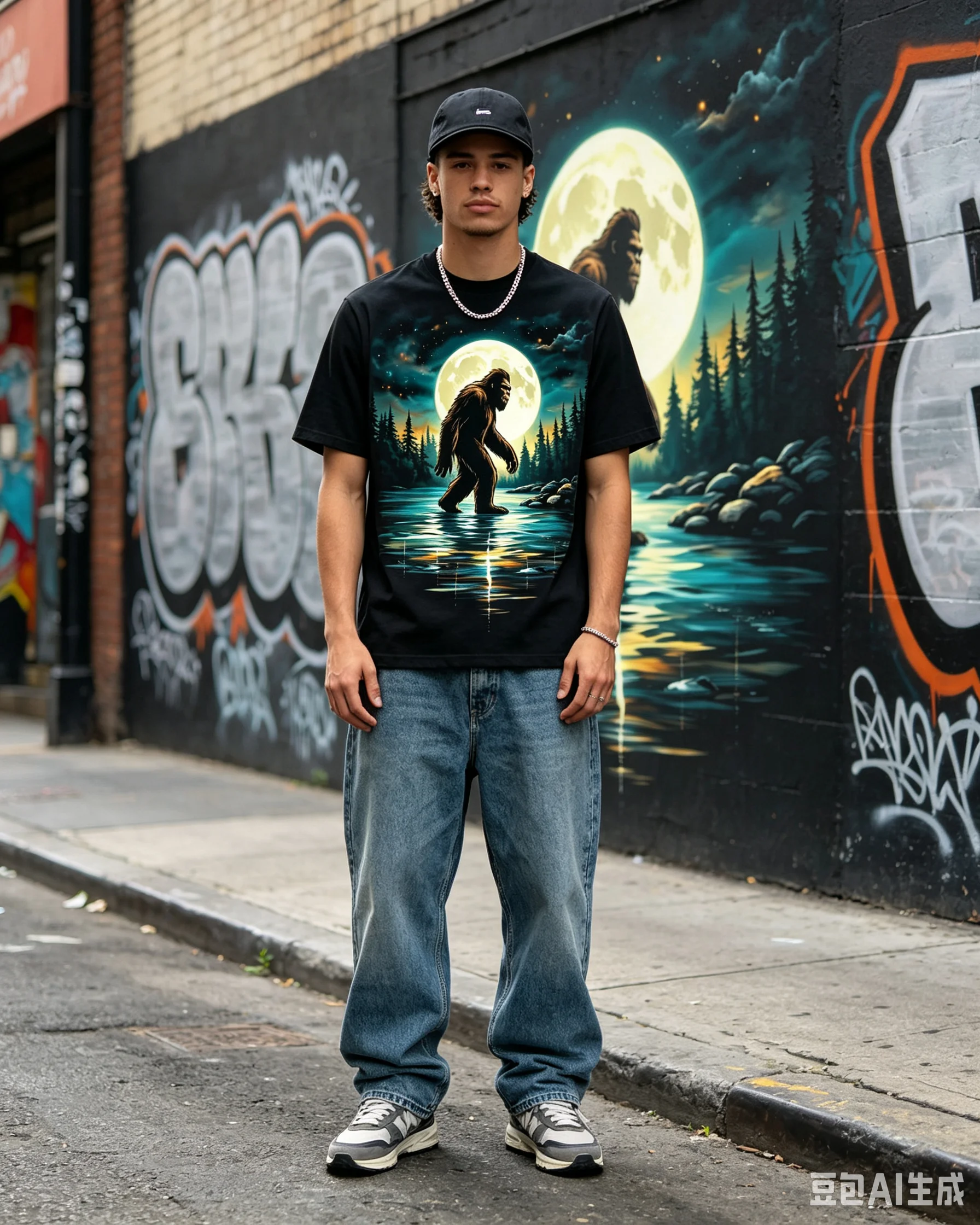 Bigfoot Night Moon Forest Lake Graphic T‑Shirt, Sasquatch Wilderness Nature Novelty Tee, Casual Short Sleeve T‑Shirt For Men